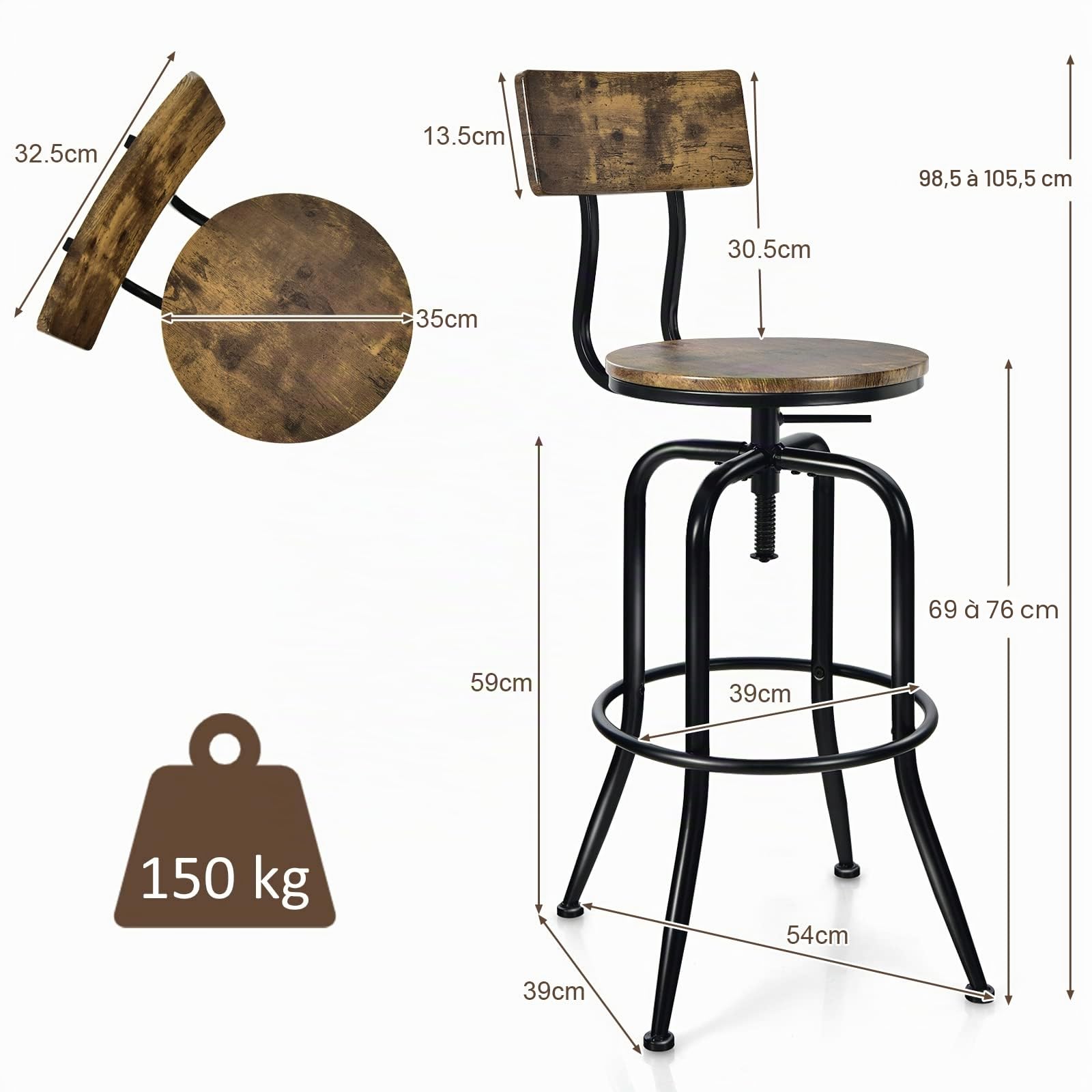 GIANTEX Lot de 2 Tabourets de Bar, Chaises de Bar Hautes Industrielles Pivotant avec Siège Réglable, Dossier et Repose-Pieds en Arc, pour Cuisine, Café, Pub, Bistrot, Marron Rustique + Noir