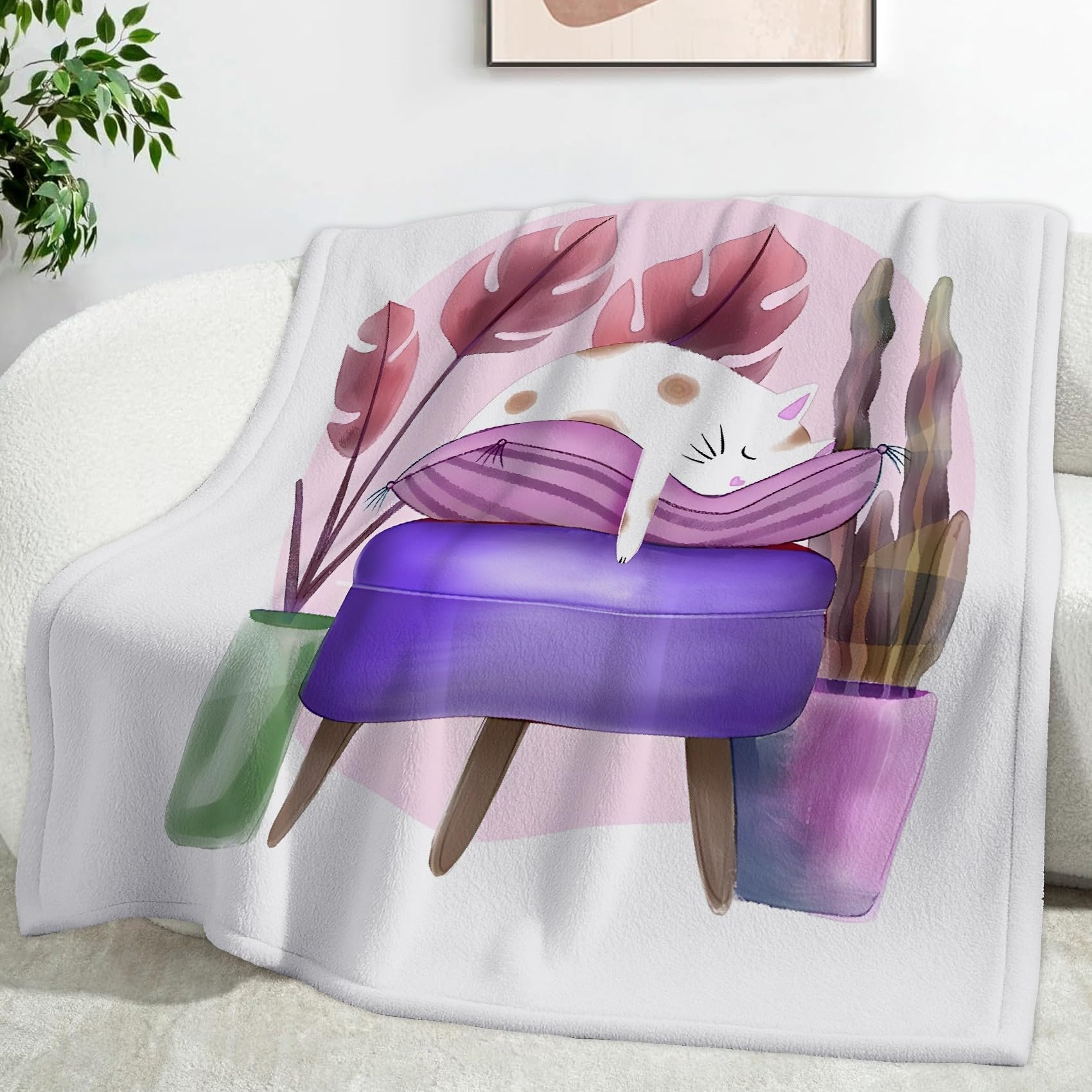 Ypthriline Cat on Sofa Blanket, Watercolor Style Microfiber Flannel Throw Blanket, Comfortable Soft Fluffy and Warm, Blankets for Beds, Sofas and Recliners, 230×270 CM