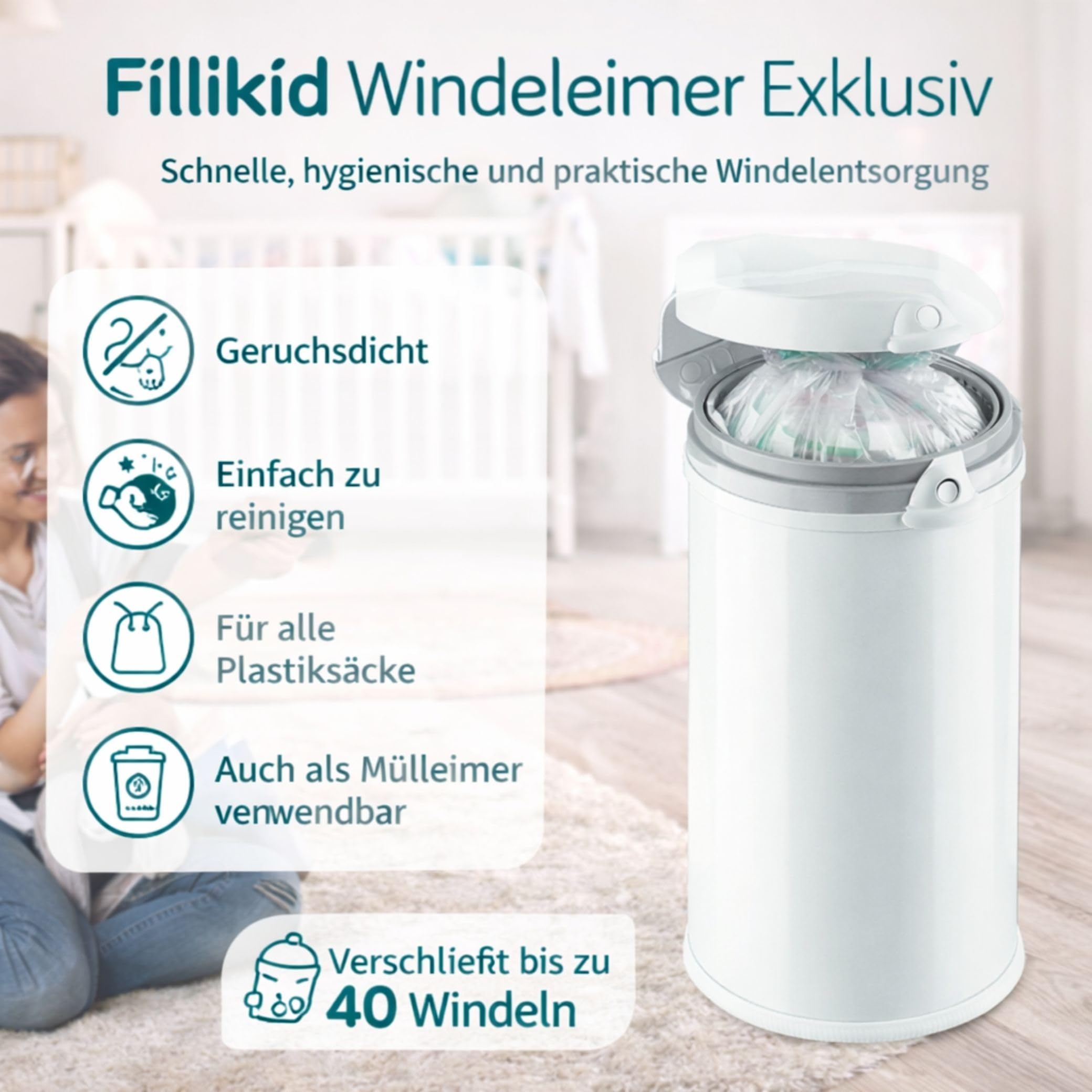 Fillikid Windeleimer Exklusiv 30 L Metall geruchlos für normale Müllbeutel