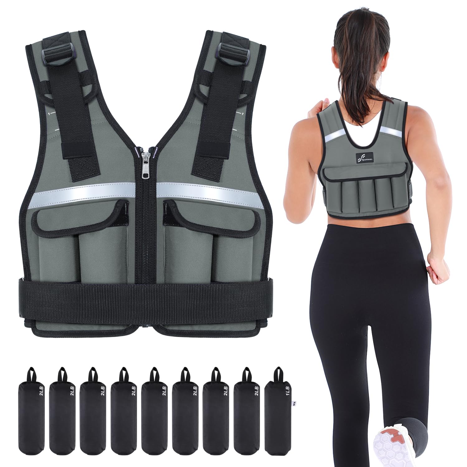 Sportneer Adjustable Weighted Vest Weights: 2-18 lbs/2-40 lbs Washable Weight Vest for Walking 16 In 1 Fast Adjust Rucking Vest for Women and Men Home