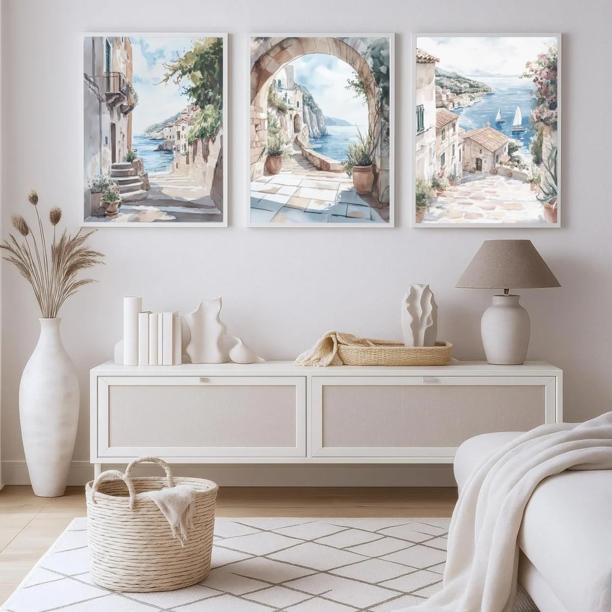 GOSRD Seaside Street Canvas Print Poster Modern Mediterranean Coastal Landscape Art Prints Living Room Home Decoration(60x90cm-3Pcs)