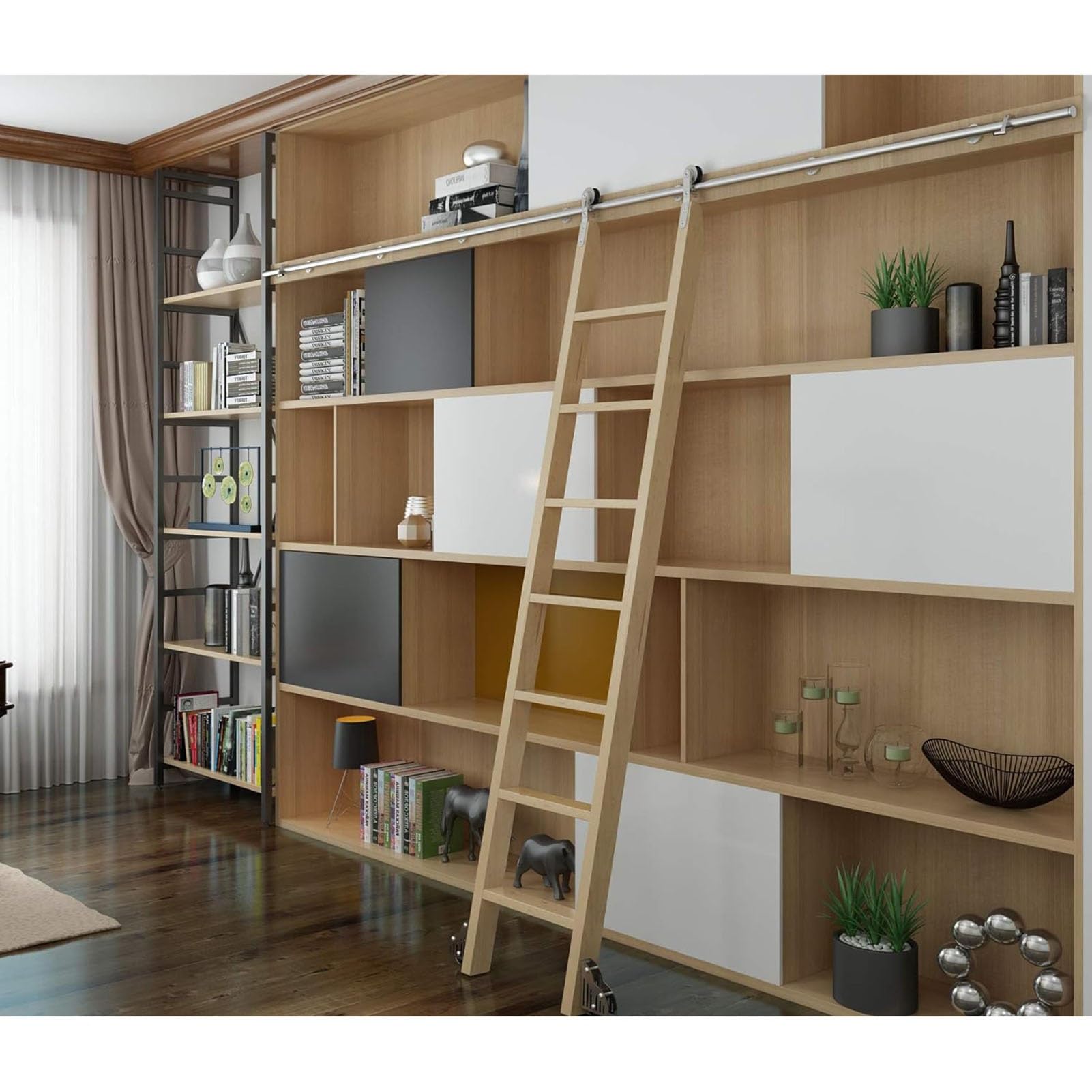 Generisch Rollbare Bibliotheksleiter für das Homeoffice, Gleitschienensystem für Bücherregale, Edelstahl-Rundrohr-Gleitleitersystem, komplettes Schienenset mit oberer Rolle (ohne Leiter) (Gr