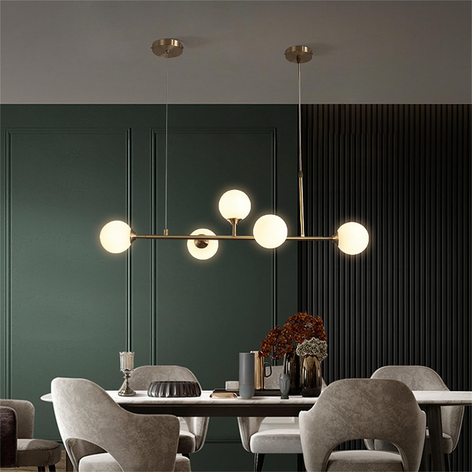 KXEcoLife 5 Light Milk Glass Chandelier Modern Globe Linear White And Pendant Fixture Mid Century Rectangle Brass Kitchen Island Lights