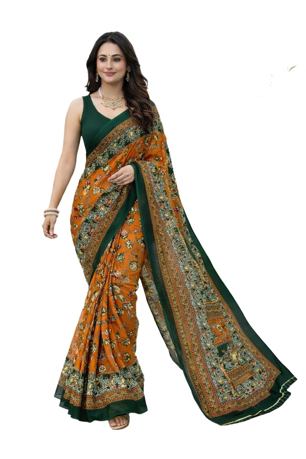 Floral Printed Saree, Orange and Dark Green, Lightweight Fabric, Festival, Traditional Kalamkari Style-image-33