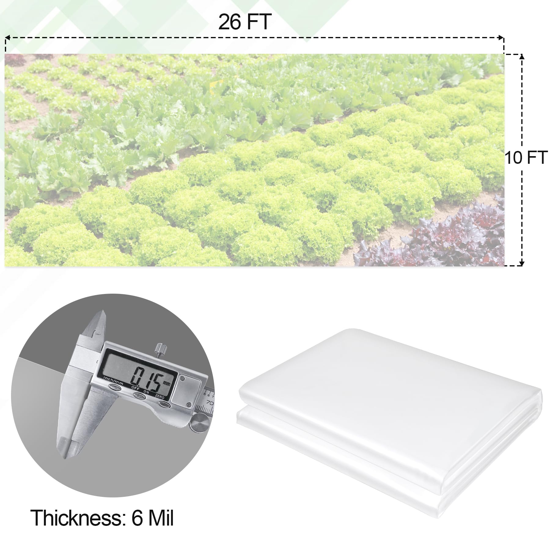 Lámina de plástico transparente para invernadero de 10 x 26 pies, película de polietileno de 6 mil, resistente, resistente al agua, sol, heladas, viento, polvo, cubierta de plástico para agricultura,