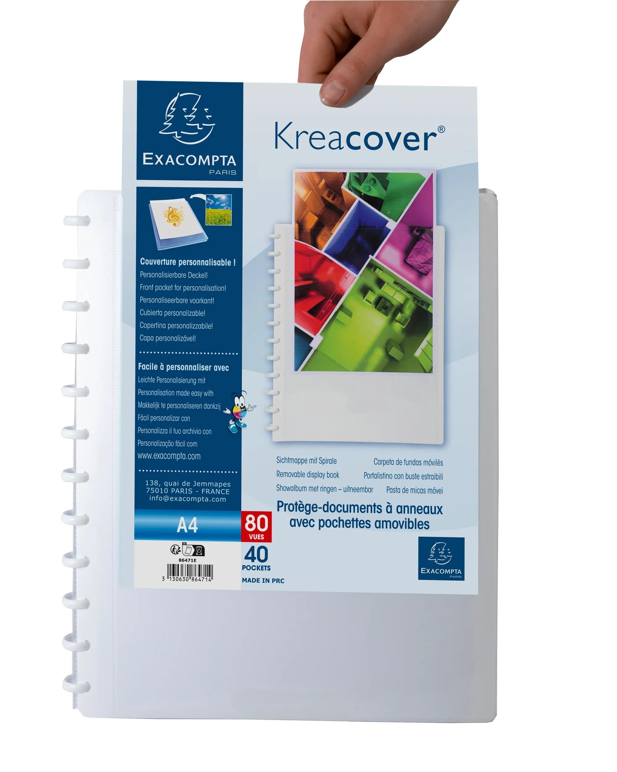 Exacompta 86471E 4er Pack Kunststoff-Sichtmappe Kreacover 40 Fächer Einband aus blickdichtem hartem Polypropylen mit individuell gestaltbarer Hülle DIN A4 ideal für Büro und Schule weiß