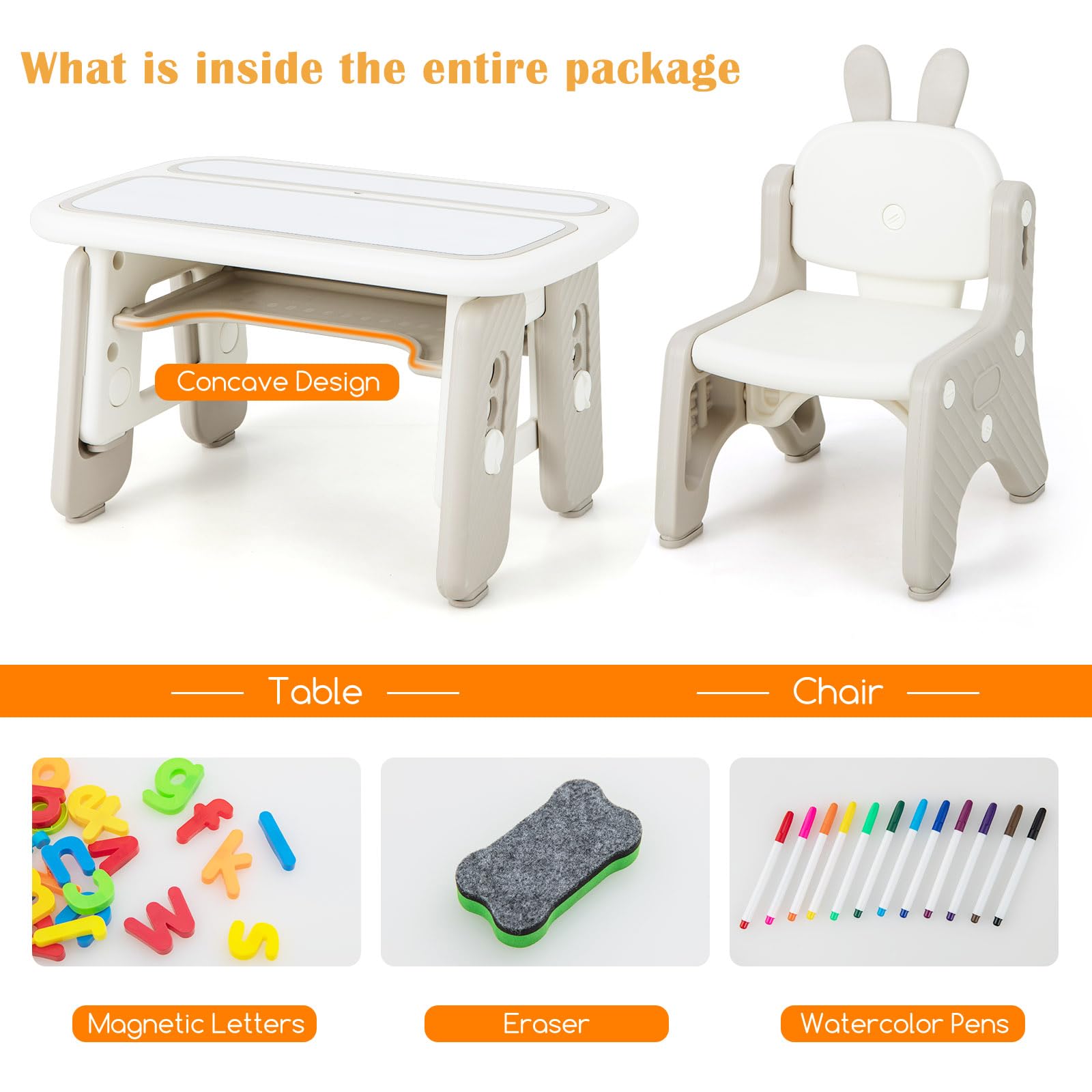 LIFEZEAL Tavolino e Sedia per Bambini 1-12 Anni, Plastica, con Accessori, Tavolo con Lavagna Magnetica, Porta Libri, Contenitore, Altezza Regolabile, Sedia Forma di Coniglio, Multiattivita, Cameretta