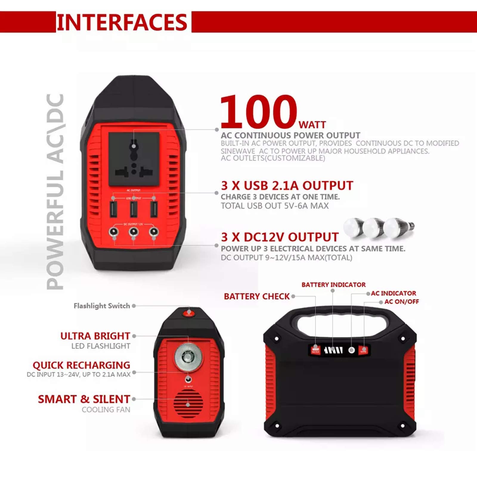 155Wh Generador Solar Portátil 100W Fuente Alimentación Batería Litio Respaldo 42000mAh con Salida AC / 3 DC / 3 USB y Linterna LED para Exteriores Camping Emergencia