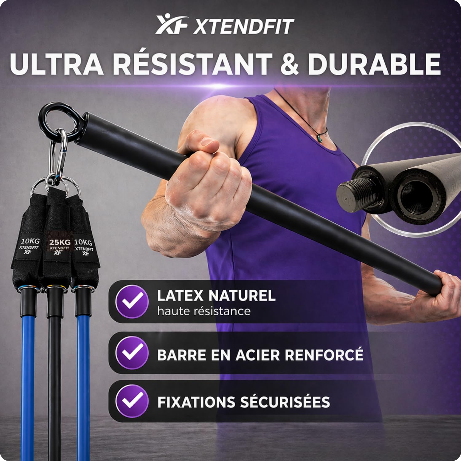 XTENDFIT Kit Musculation Élastique 10 Bandes Résistance 170kg Barre Renforcée