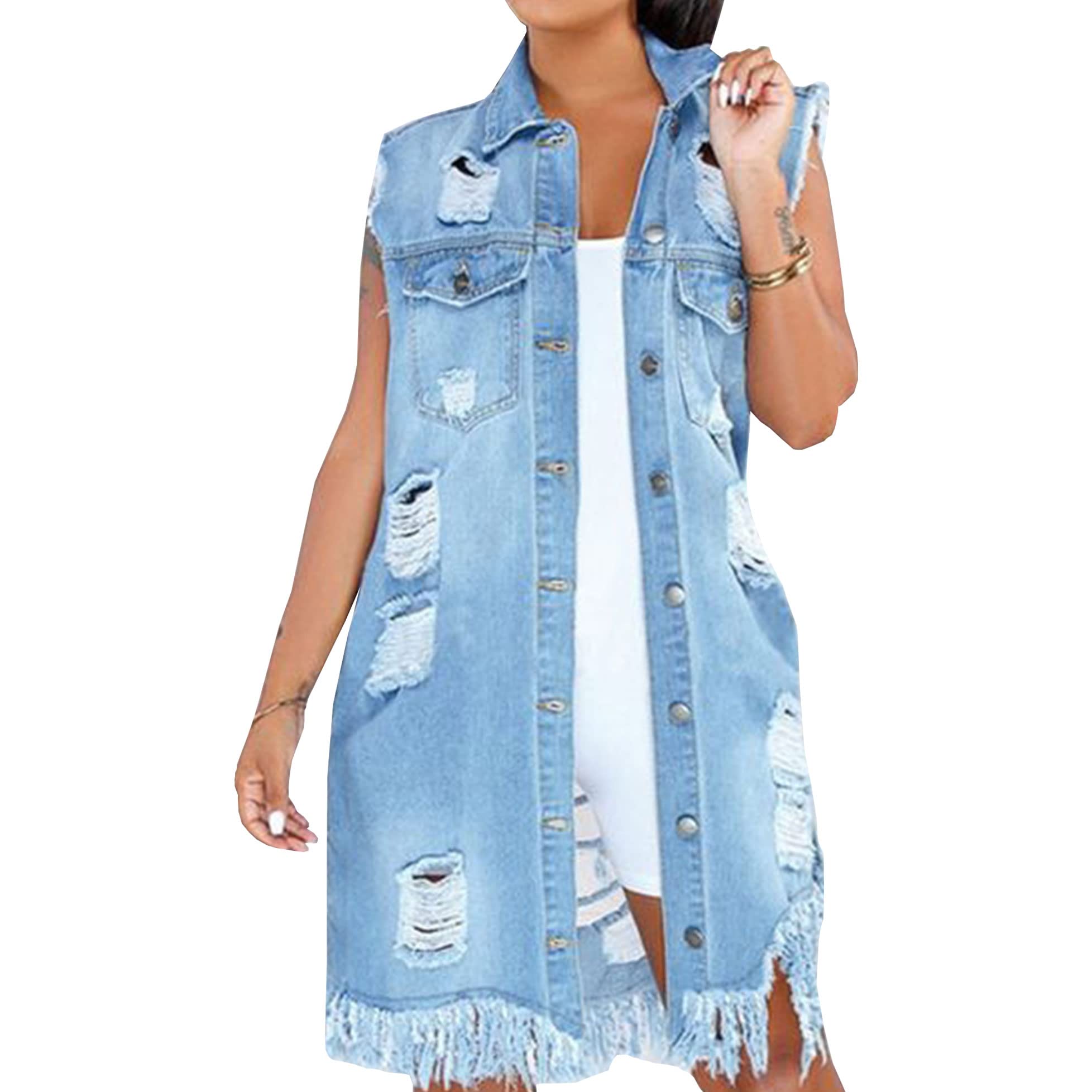 Women's Distressed Sleeveless Long Denim Jacket Vest Trayed Ripped Tassels Jean Jacket Coat Cardigan Waistcoat