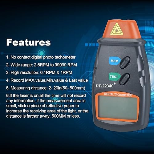 Vista 3 de AGPtek® - Tacómetro digital láser fotográfico profesional, sin contacto, tacómetro RPM