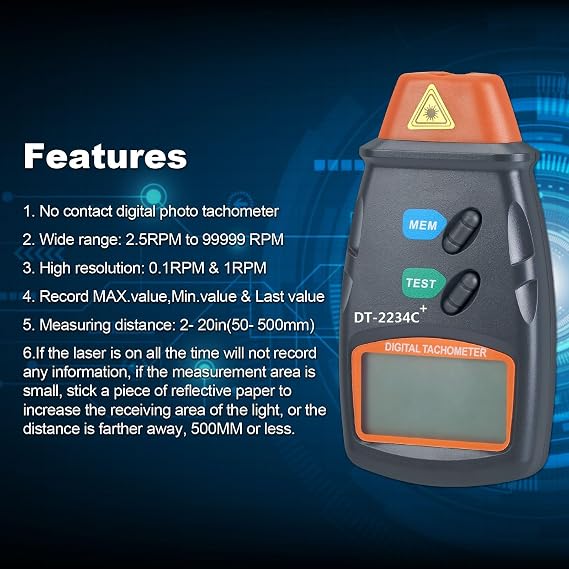AGPtek Professional Digital Laser Photo Tachometer Non Contact RPM Tach