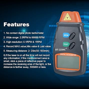 AGPtek Professional Digital Laser Photo Tachometer Non Contact RPM Tach