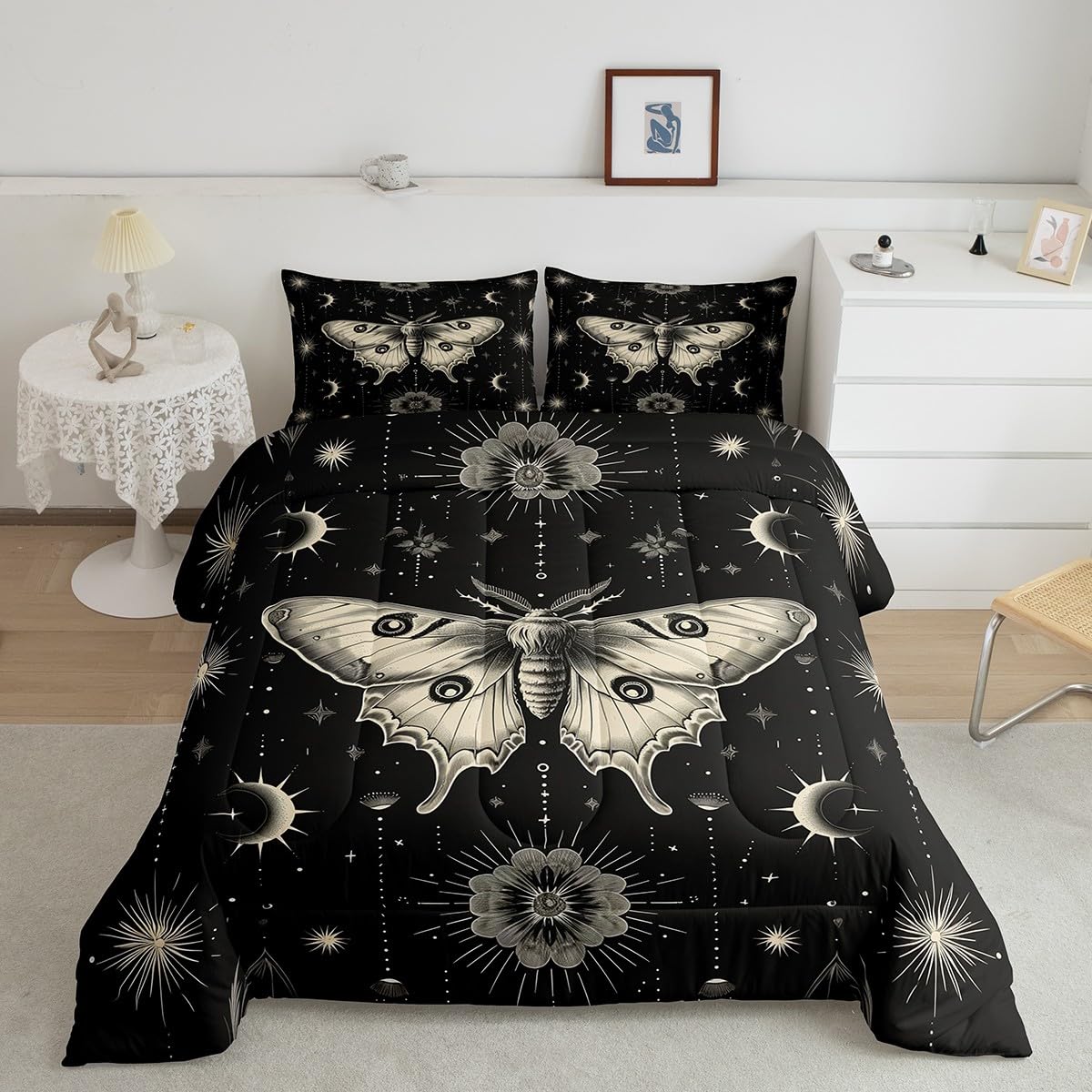 Feelyou Boho Moth Comforter Set Full Size, Sun and Moon Bedding Set for Kids Adult Women Teen,Moon Galaxy Floral Duvet Set Quilt Set,3 Pieces,1 Quilt