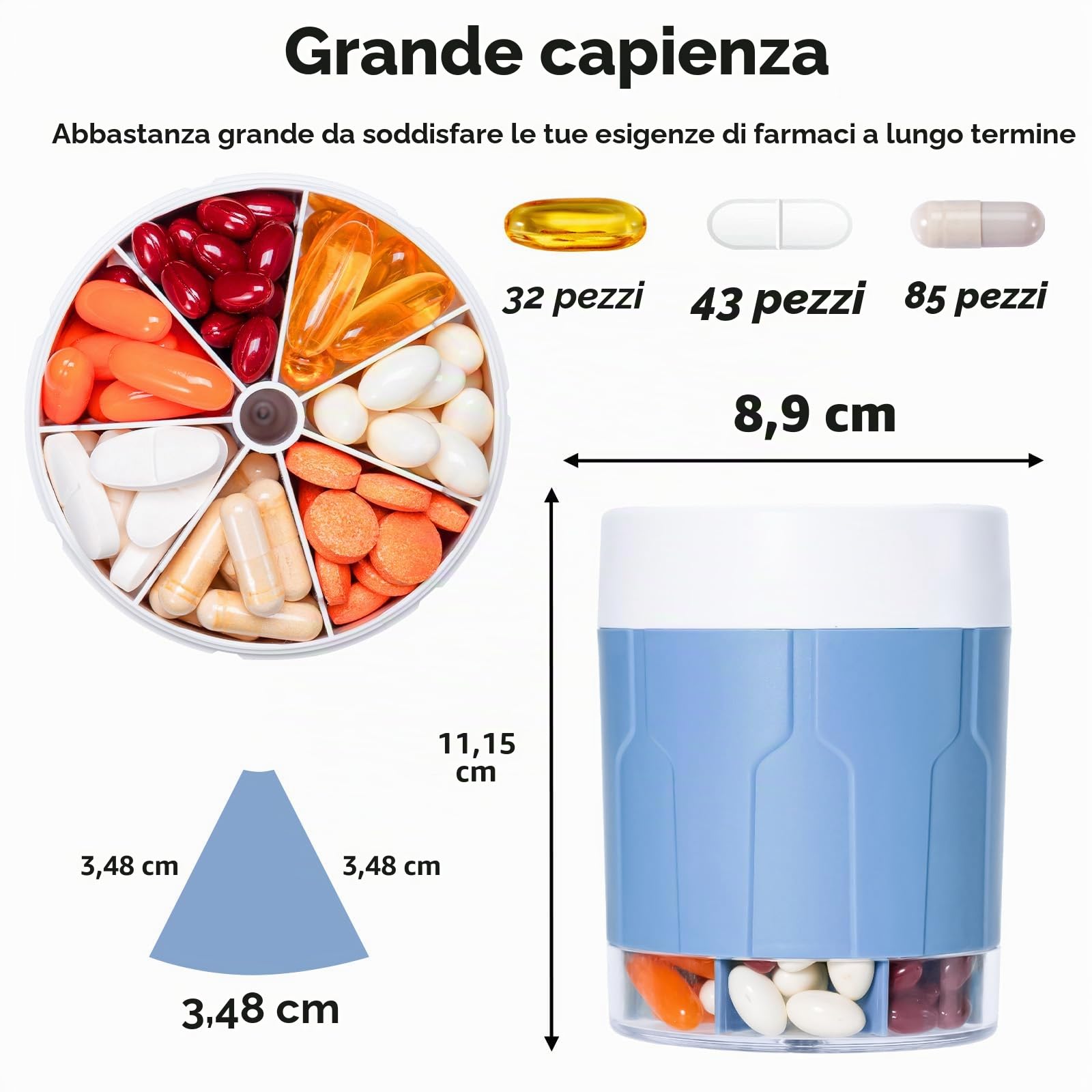 Betife - Organizer per pillole settimanali e giornaliere, con 7 scomparti grandi, organizer per contenere vitamine o farmaci per 7 giorni, include 21 etichette (blu)