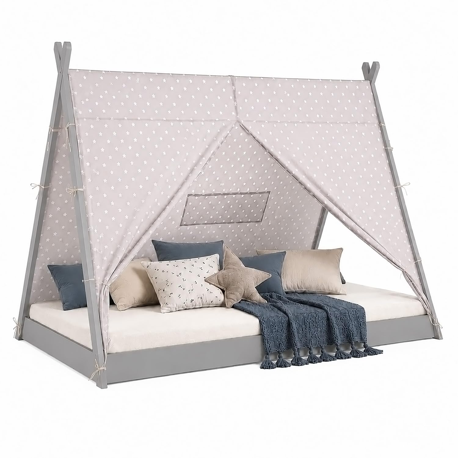 Homestyle4u Kinderbett 90x200 Tipi Zeltbett Kiefer Grau Weiß | Bodentiefes Schlafen, Sternenmuster Stoff aus Baumwolle, inkl. Lattenrost, für Jungen & Mädchen