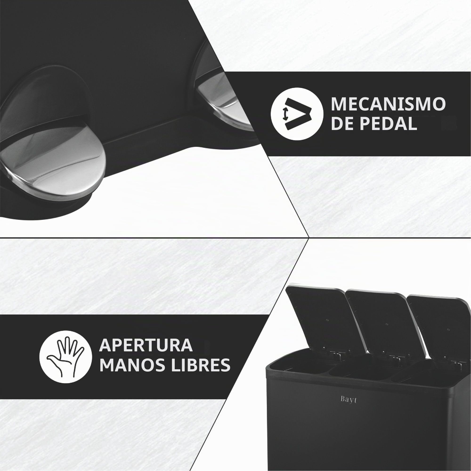 Bayt Cubo de Basura 60L (3 x 20L), Contenedor de Reciclaje para Cocina con 3 Compartimentos, Acero Inoxidable Negro, Pedales, Cubos Interiores, Negro