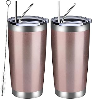 VETIN Lot de 2 gobelets avec paille - 20 oz / 568 ml - Gobelets isothermes en acier inoxydable à emporter - Anti-fuite - Avec 4 pailles - 2 brosses tubulaires - Or rose