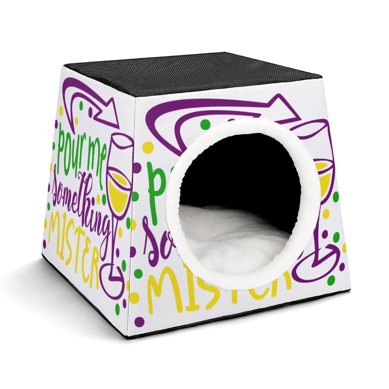 Casa para Gatos Interior Plegable Cama Sofá Cueva Impresa para Gato Lindo Cálida con Cojín Suave Eslogan de Bebida