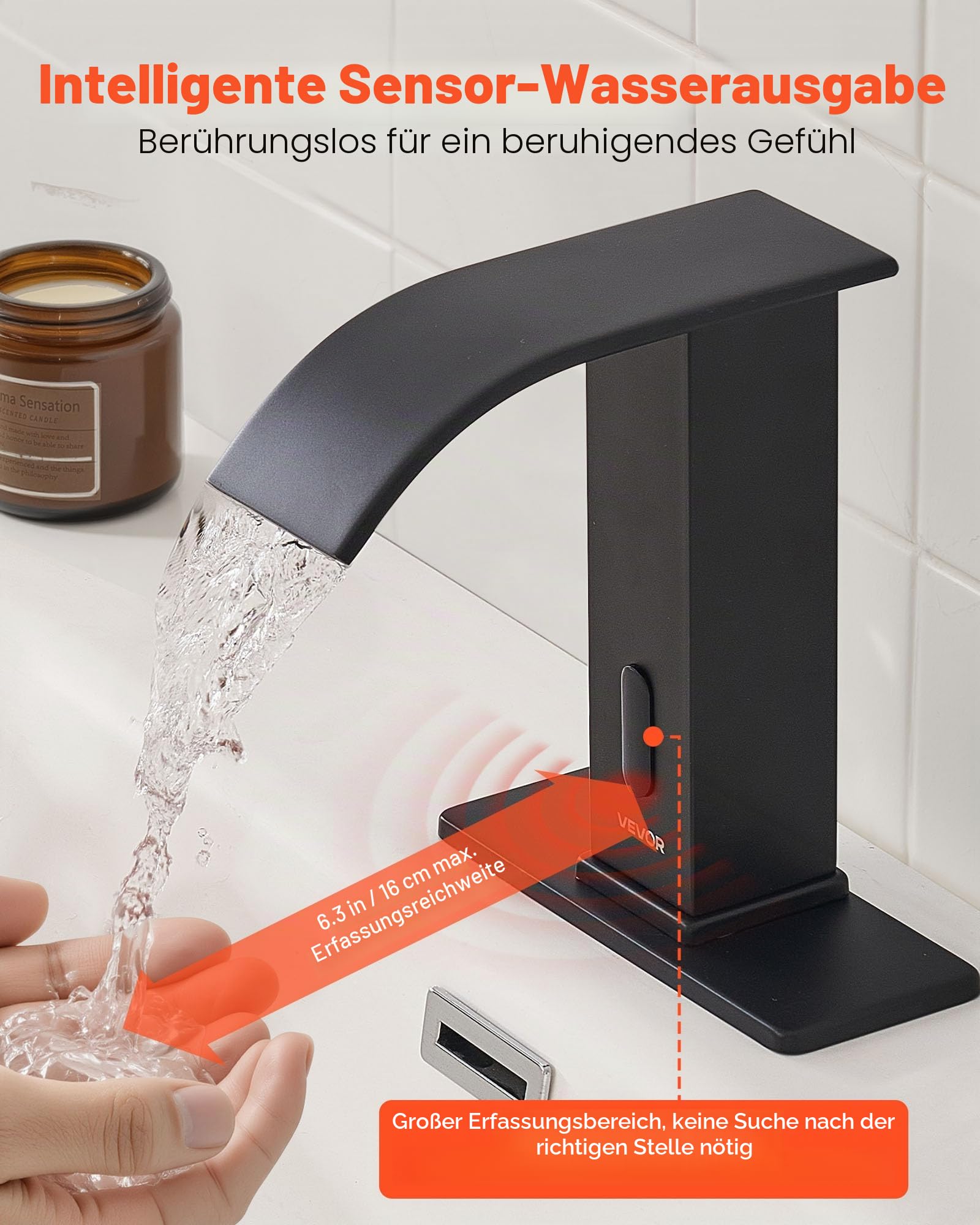 VEVOR berührungsloser Waschtischhahn (Mattschwarz) Badezimmer, automatische Waschtischarmatur mit Lochabdeckung, batteriebetriebener Wasserhahn gewerblicher Toilettenhahn, Sensorhahn mit Wasserfall
