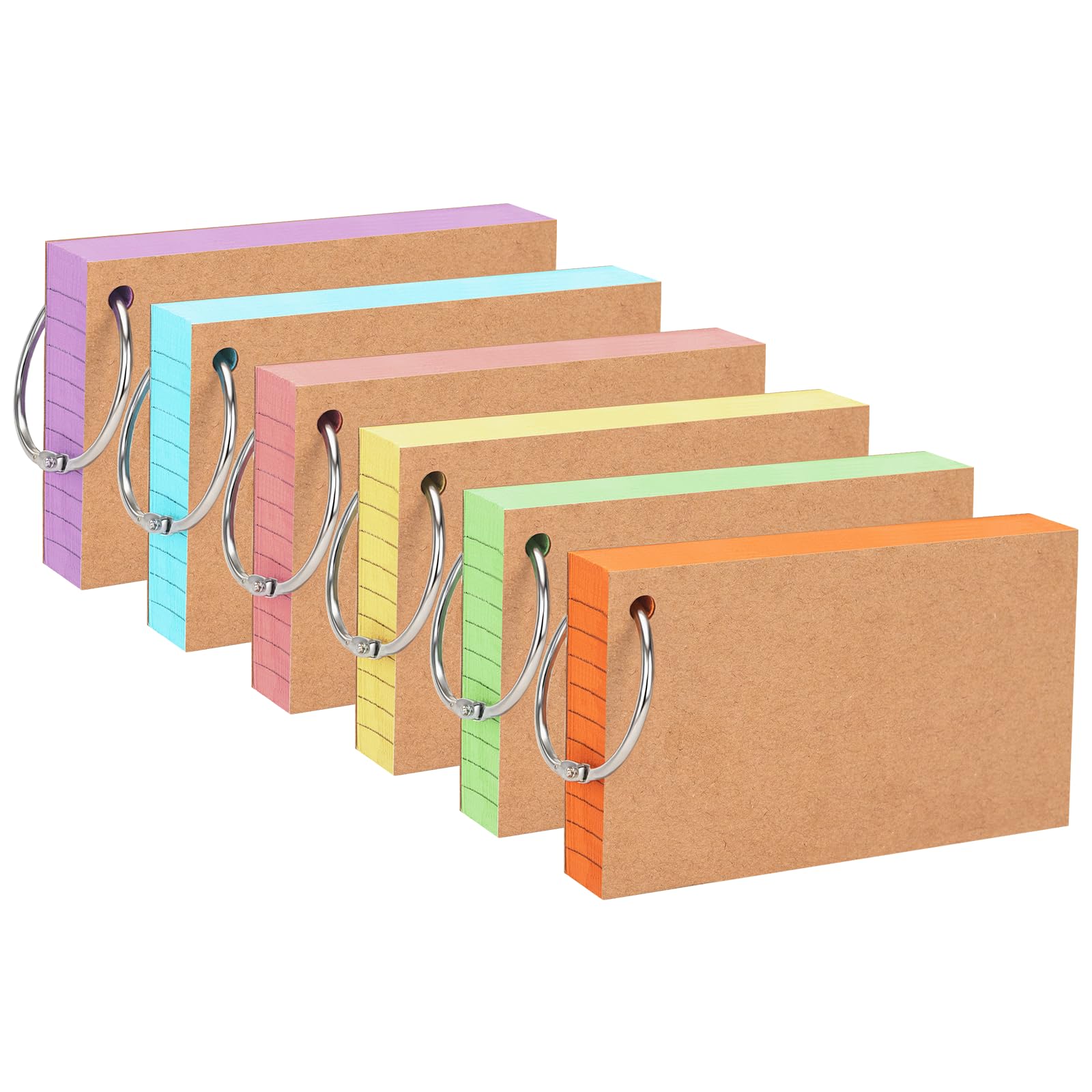 OWLKELA 600Pcs Flash Cards, Index Cards 5 * 3 Inches, 6 Colors, Ruled Revision Cards with Kraft Paper and 6 Binder Rings, Study Cards for Office, School, and Home