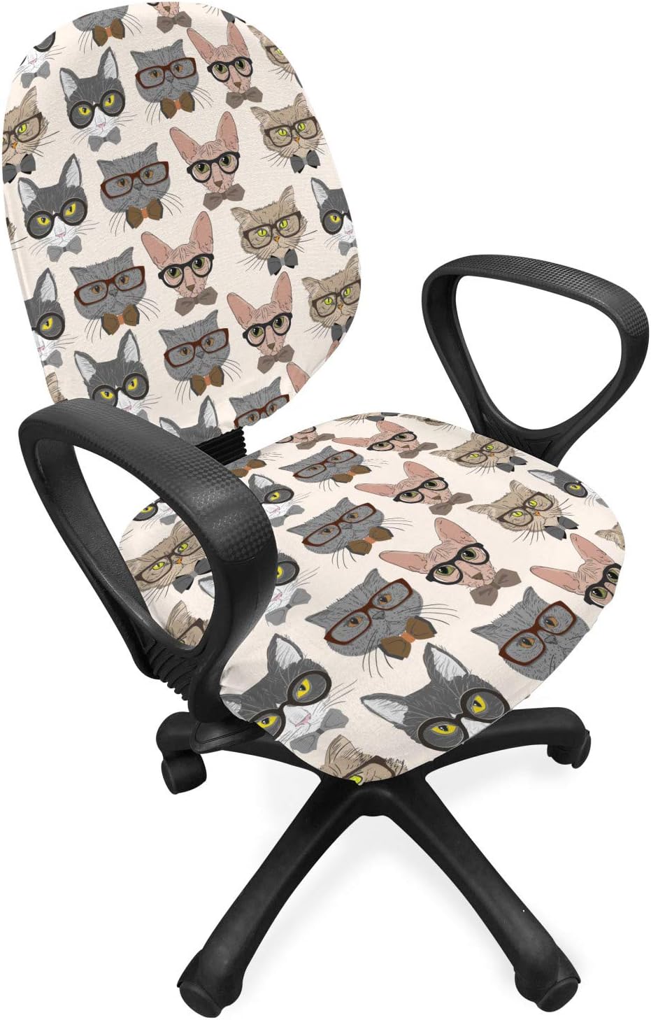 Ambesonne Cat Office Chair Slipcover, Hipster Nerd Characters with Vintage Sunglasses Intelligent Feline Serious Expressions, Protective Stretch Decorative Fabric Cover, Standard Size, Grey Beige