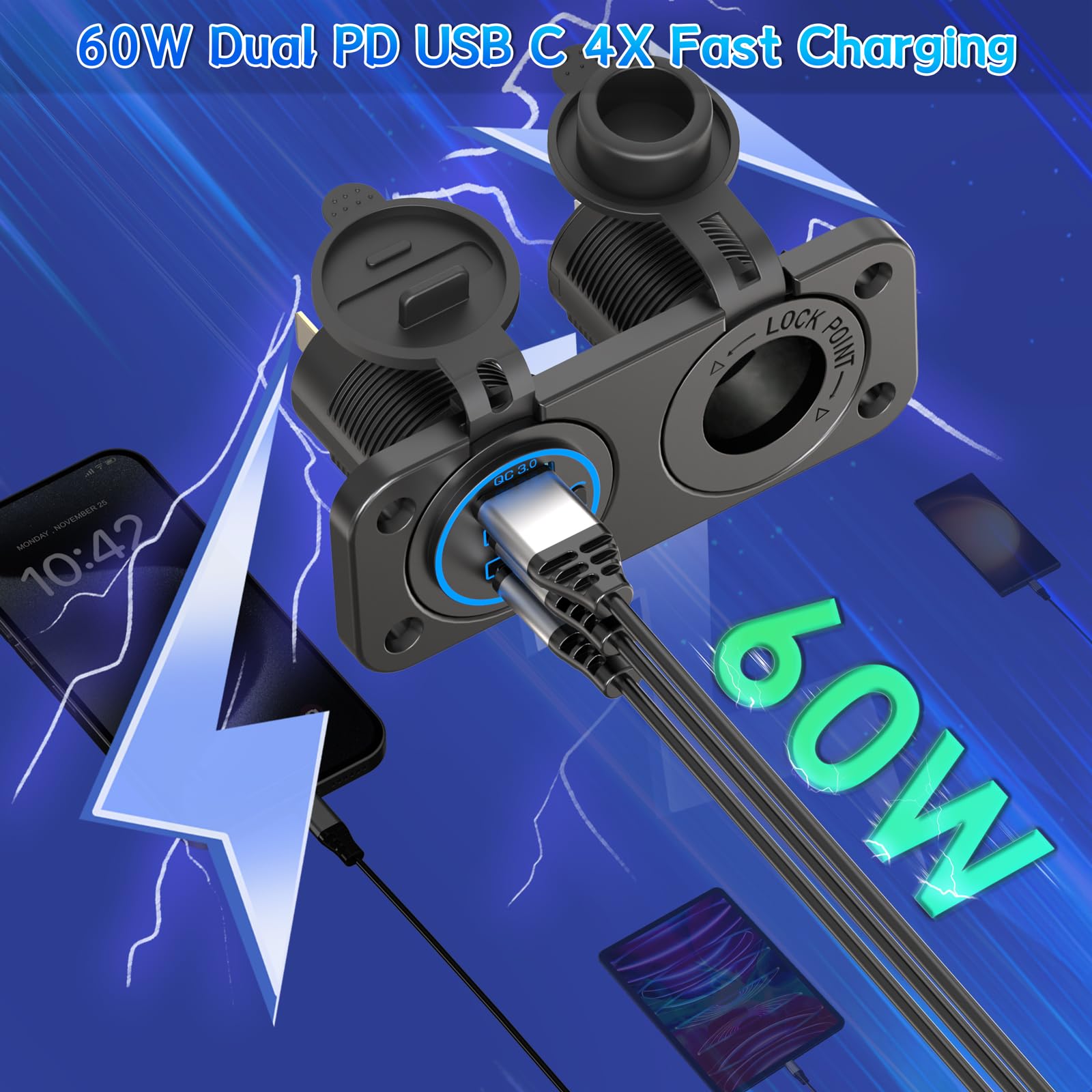 (3-USB) PD USB C Prise 12V Allume Cigare 300W: Qidoe Panneau Prise Chargeur de Voiture 12 Volt Adaptateur USB QC3.0 Allume Cigare Interrupteur Étanche pour Voiture, Bateaux, Bus, Camion, Camper, GPS
