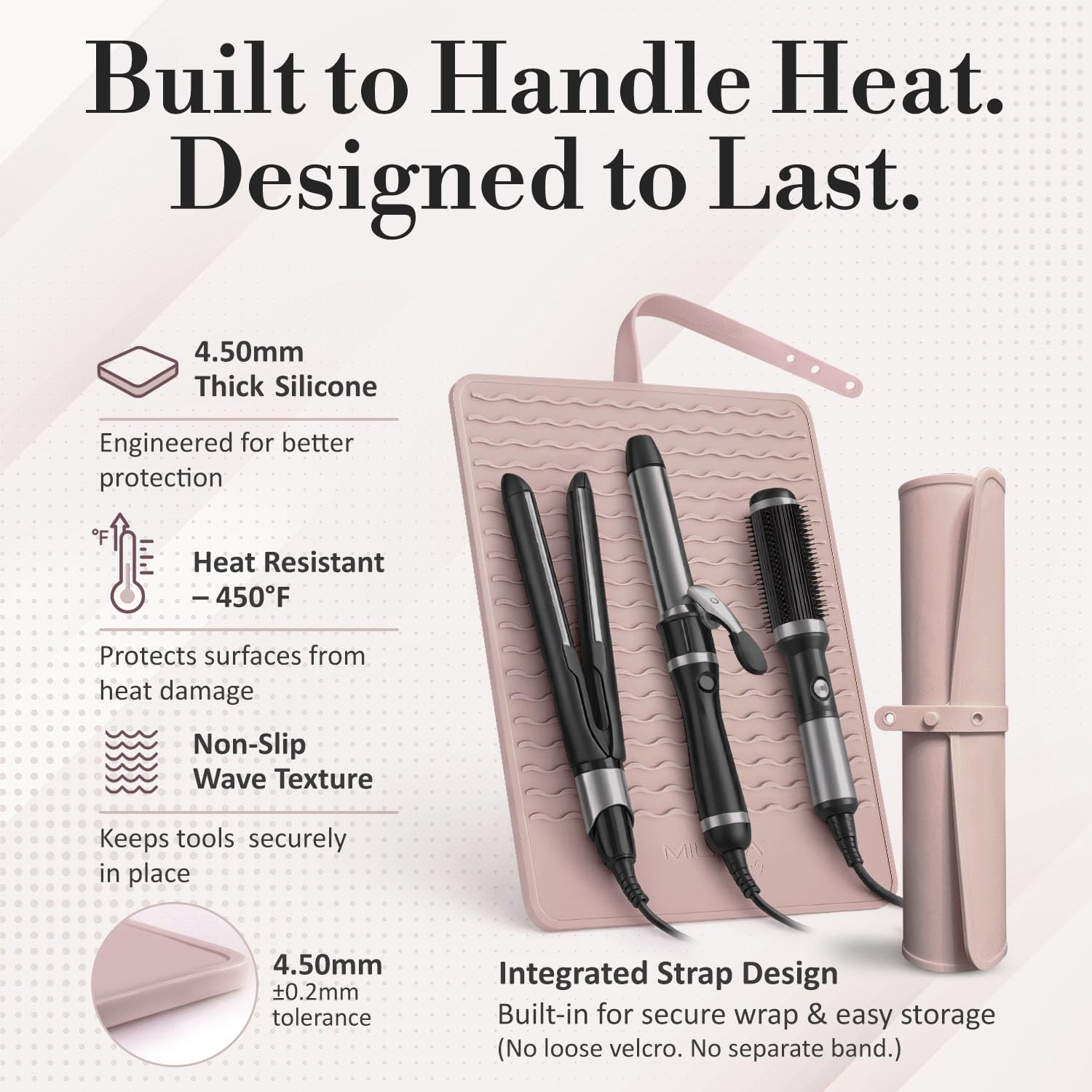 Milaya Beauty XL Hitzebeständige Matte für Haarwerkzeuge mit integriertem Gurt - Oversize Silikon Lockenstab Halter für Schminktisch, Salonstationen, Schminkzubehör für Frauen (35,6 x 27,9 cm