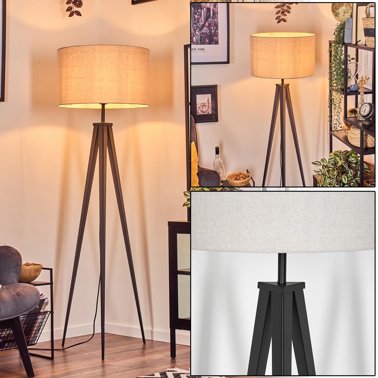 HOFSTEIN Stehleuchte Flemming, Stehlampe aus Metall/Stoff in Schwarz/Beige/Weiß, Leuchte im Boho-Style, skandinavisches Design (Ø 50 cm), Höhe 162 cm, mit Fußschalter, 1 x E27, ohne Leuchtmittel