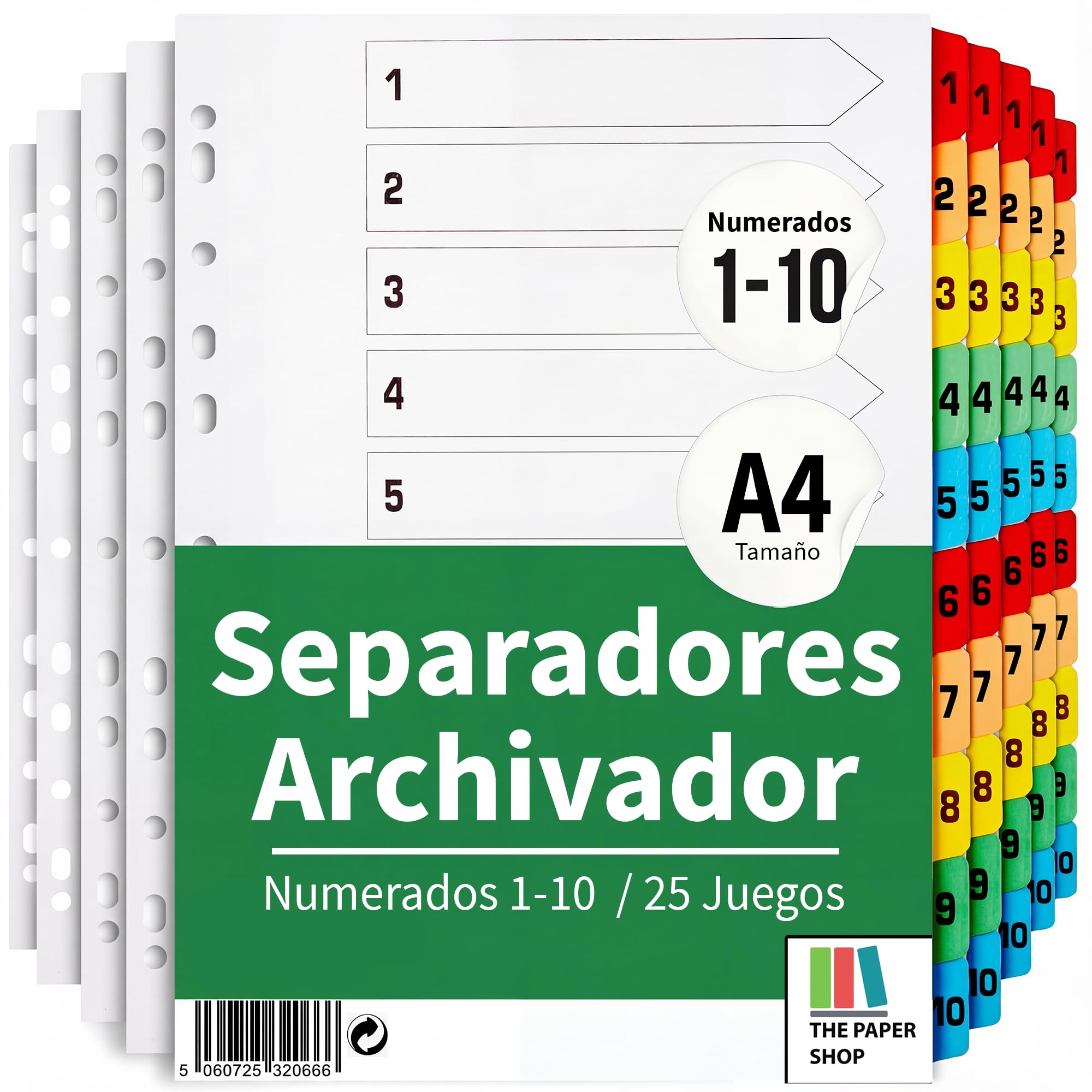 Separadores numerados A4 1-10, pestañas de índice de números de colores, 10 divisores de archivos y carpetas para carpetas de anillos y archivos de palanca (paquete de 25)