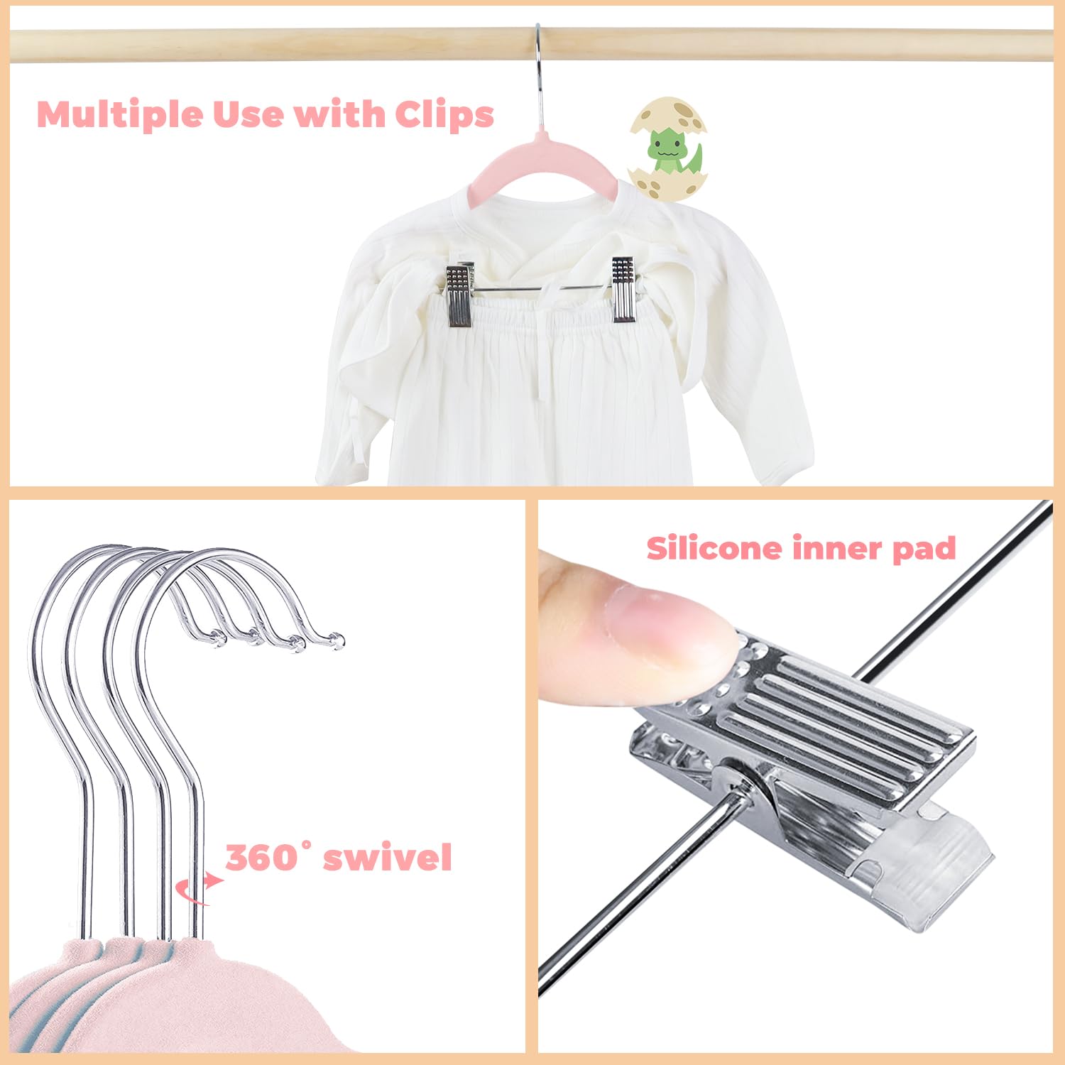 16 ganci per pantaloni con clip mobili,ganci in velluto per neonati,gancio girevole,antiscivolo,ganci per cappotti per bambini salvaspazio per gonne,pantaloni,abiti,giacche (30 cm,rosa)