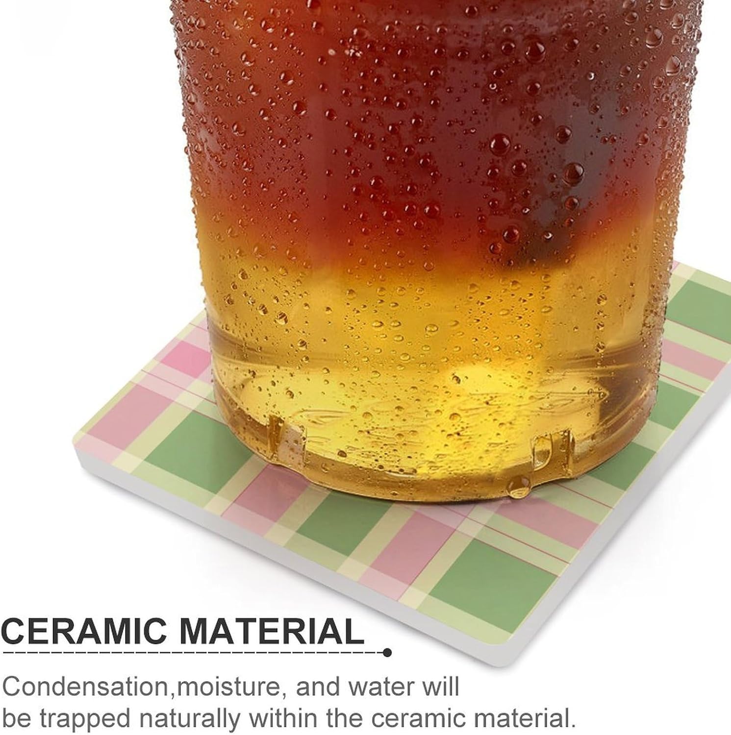 Green Pink Plaid Ceramic Coasters Set Square Drink Coasters Table Coaster for Kitchen Desktop Decor