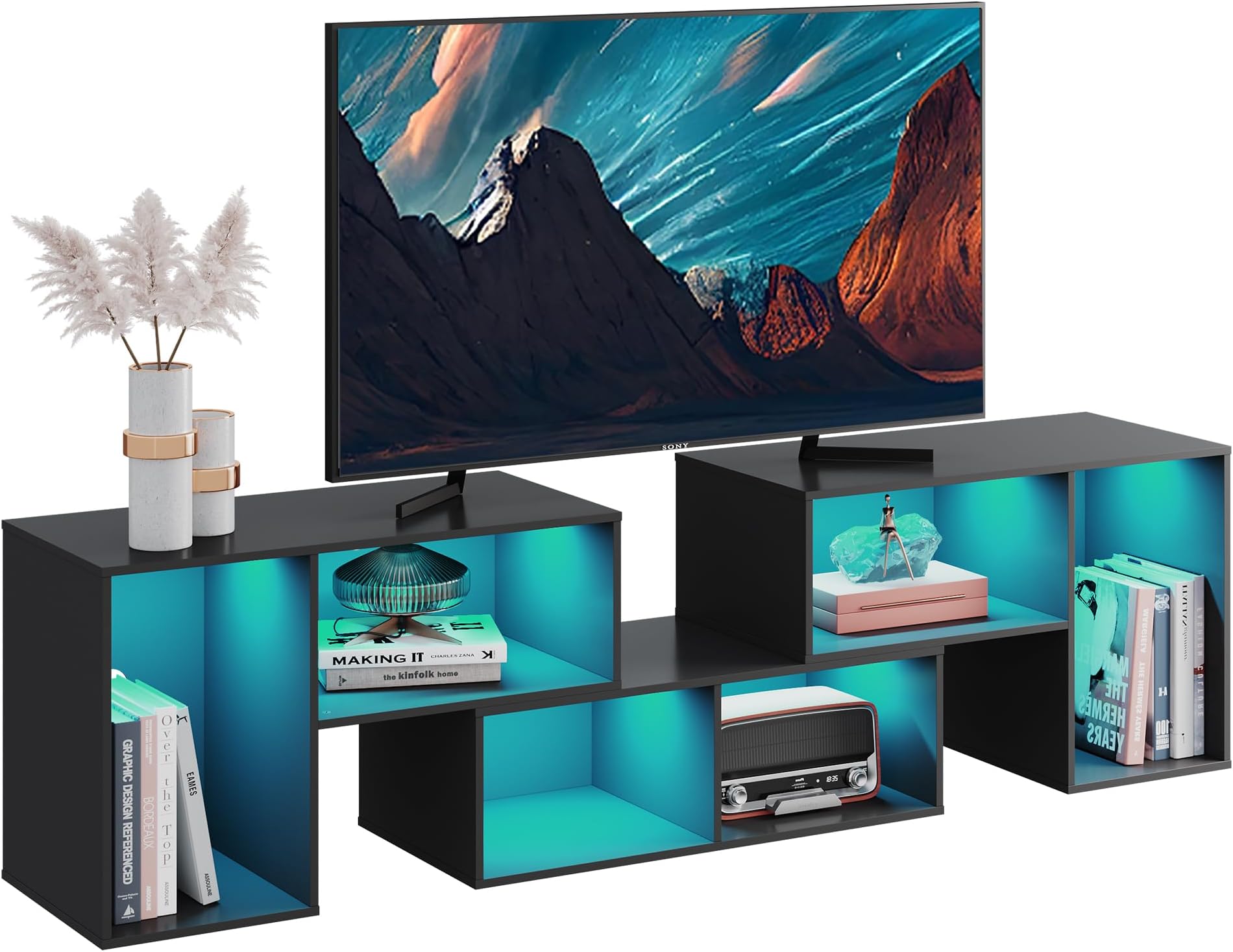 TV Stand, Deformable TV Stand with LED Strip, Modern Entertainment Center, Gaming Media 3 Pieces Console Cabinet for Living Room, Bedroom, Black