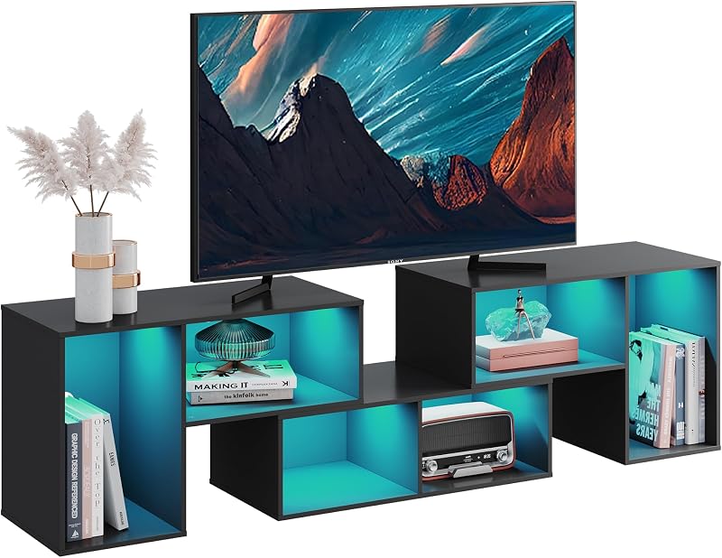 WLIVE TV Stand with LED Strip, Modern Media Console Cabinet, Black