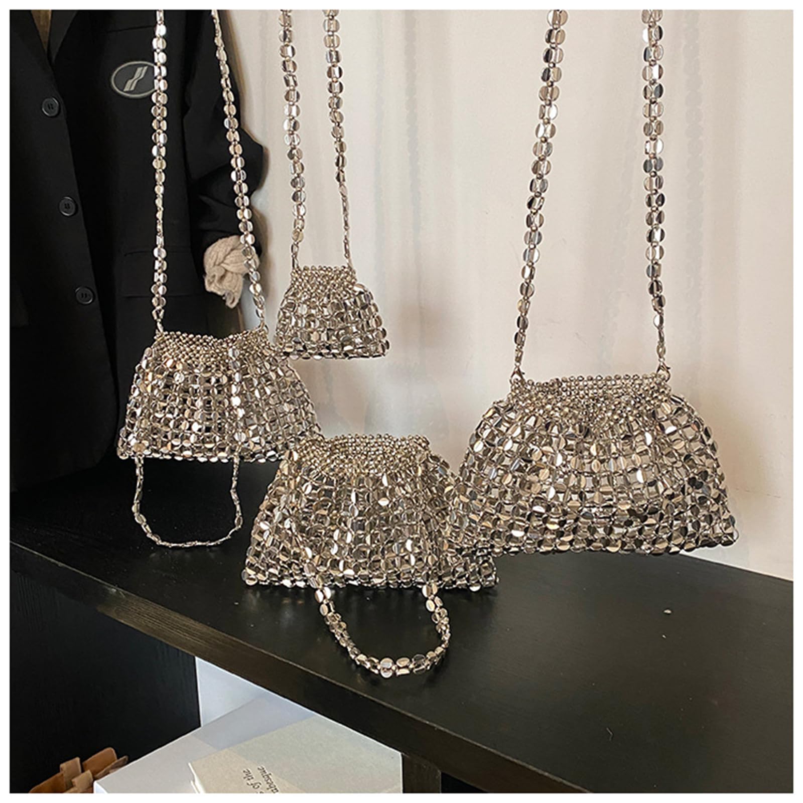 Borsa Semplice Sottobraccio da Donna con Catena di Perline Intrecciate-Grande Argento