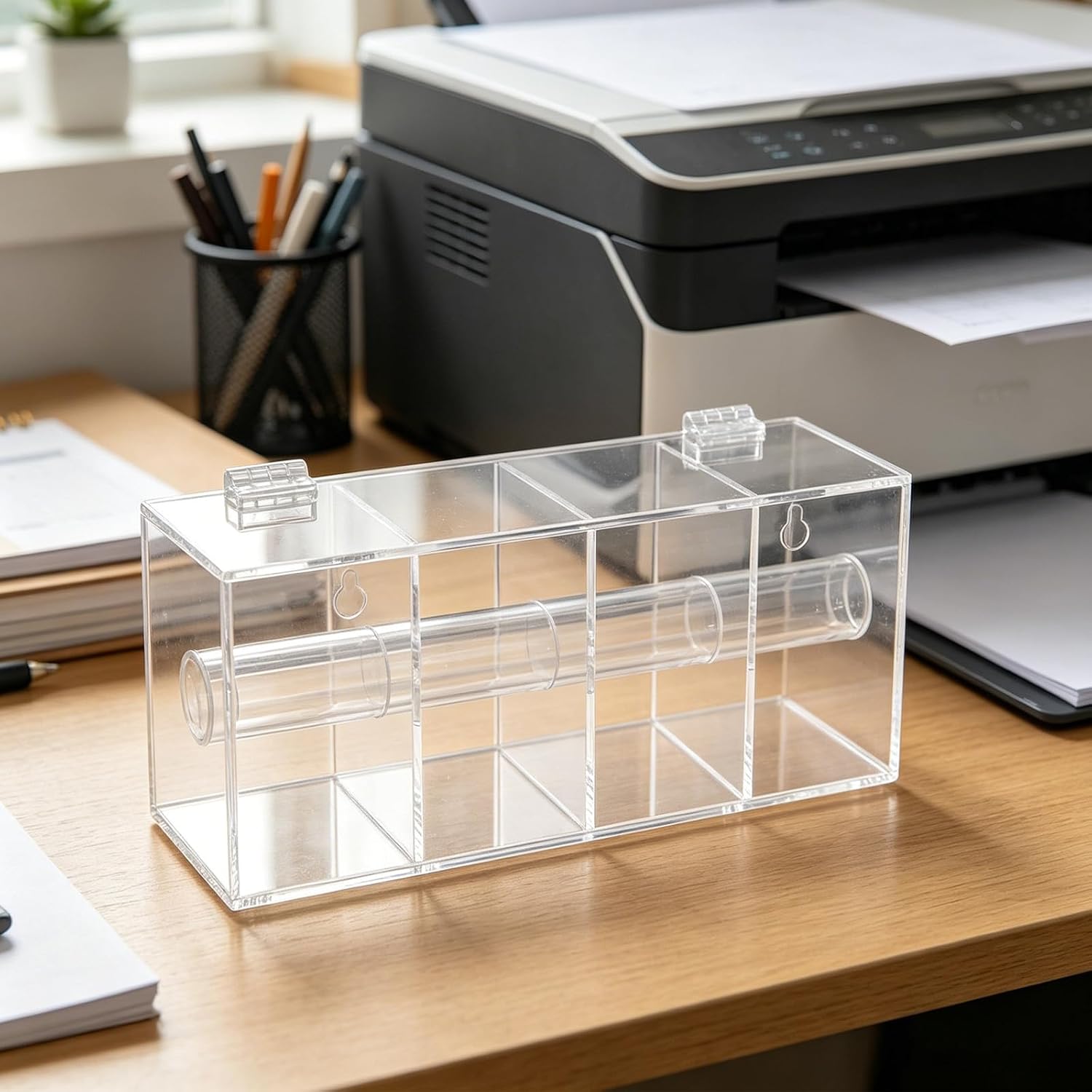 Clear Acrylic Sticker Roll Dispenser Box, 4-Compartment Label Organizer with Feed Holes, Countertop Storage for Craft, Date, Food Rotation Labels