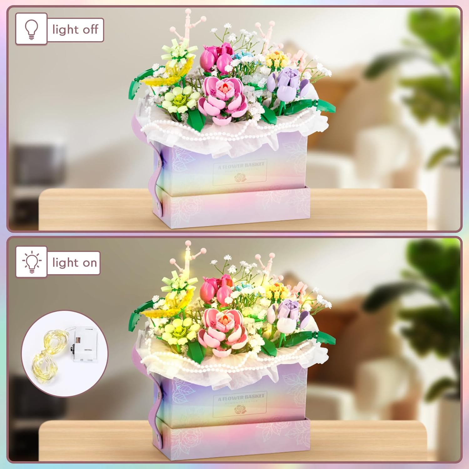 HIGH GODO Flowers Bouquet Building Set, Flowers Basket Building Blocks with Light, 706PCS Botanical Building Kit, Anniversaries Birthday Gift for Women Girlfriend Adults 14+