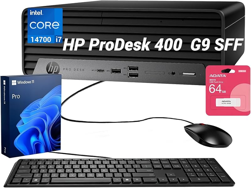 ProDesk 400 SFF Business Desktop, Intel Core i7-14700, 32GB DDR5, 512GB SSD, Wi-Fi, HDMI, DisplayPort, USB-C, RJ-45, Support Up to Dual Displays, Wired Keyboard & Mouse, Win 11 Pro, w/Bundle
