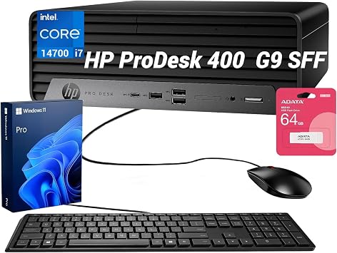 HP ProDesk 400 G9 Business SFF Desktop, Intel i7-14700 20-Cores/28-Threads, 16GB DDR5 RAM, 1TB SSD, DP&HDMI Dual 4K Display Support, Wired Keyboard & Mouse, Wi-Fi, Win11 Pro, Black, w/ 64GB Drive