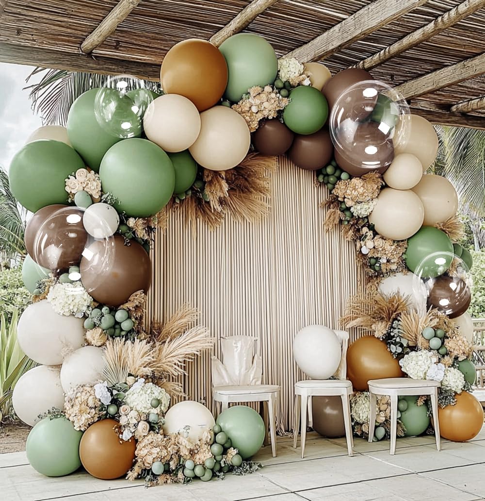 Sage Green Brown Garland Double Stuffed Sand White Dusty Green Tan Balloon Different Sizes 18In 12In 5In Balloon Arch Kit For Baby Shower Gender Reveal Birthday Party DecorationsSage Green Brown Garla
