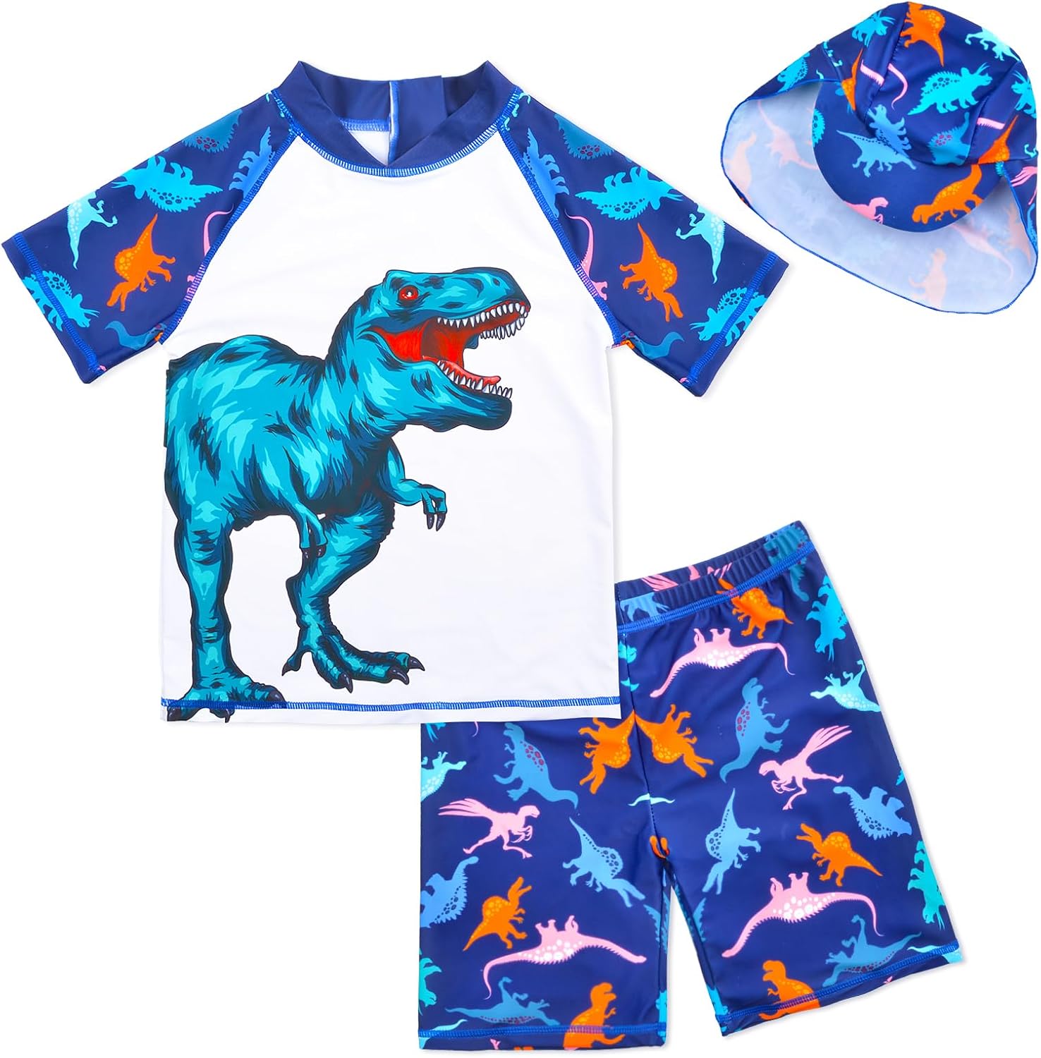Boys Two Piece Rash Guard Swimsuits Kids Short Sleeve Swimwear Sets Bathing Suit with Sun Hat for 2-6 Years