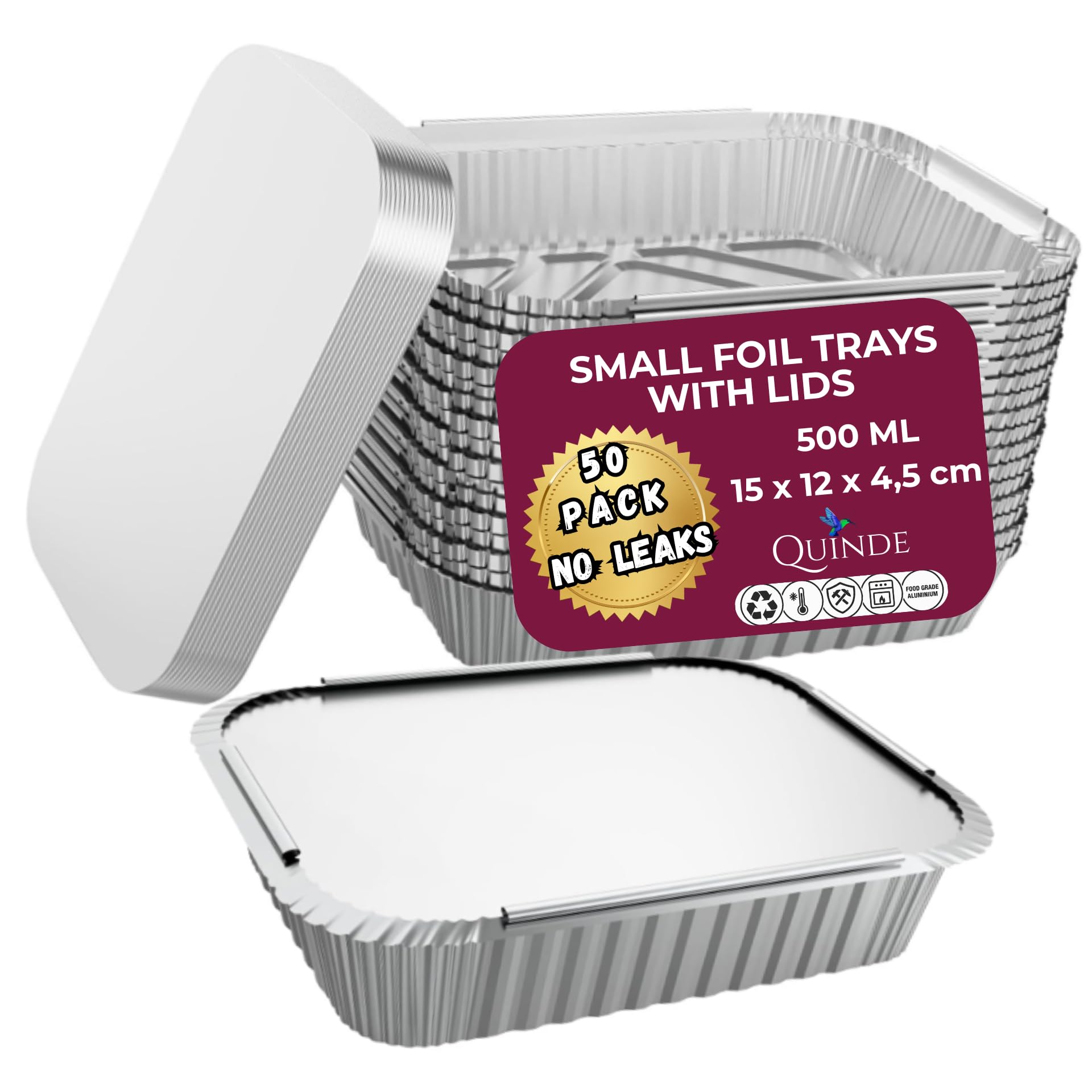 QUINDE Small Foil Containers with Lids Pack of 50 โ 500ml Disposable Aluminium Takeaway Food Containers with Lids, Meal Prep & Freezer Storage Foil Trays for Food Delivery, Leftovers & Portion Meals