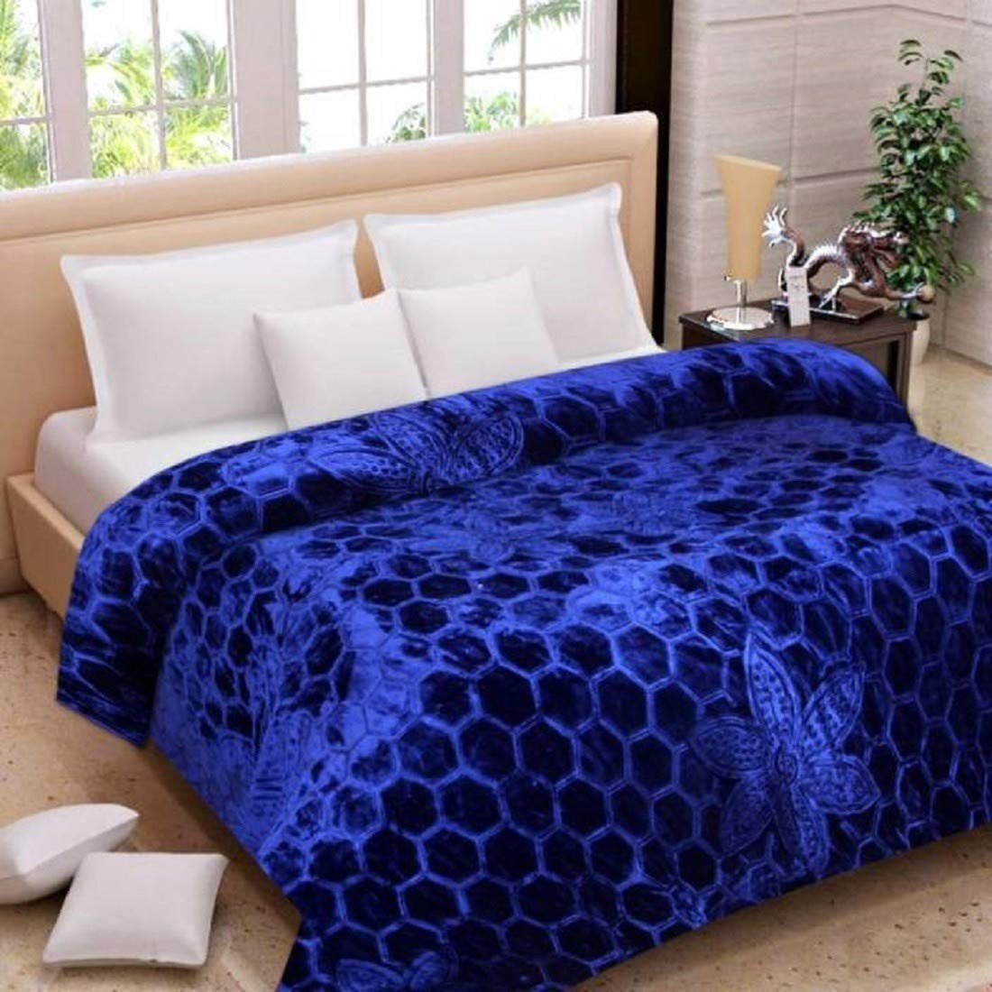 CHANGERS Embossed Blankets,Quilt,duvets,dohar Solid Colour Ultra Soft Floral Double Bed Heavy Mink Winter Blanket (Blue)-image-43