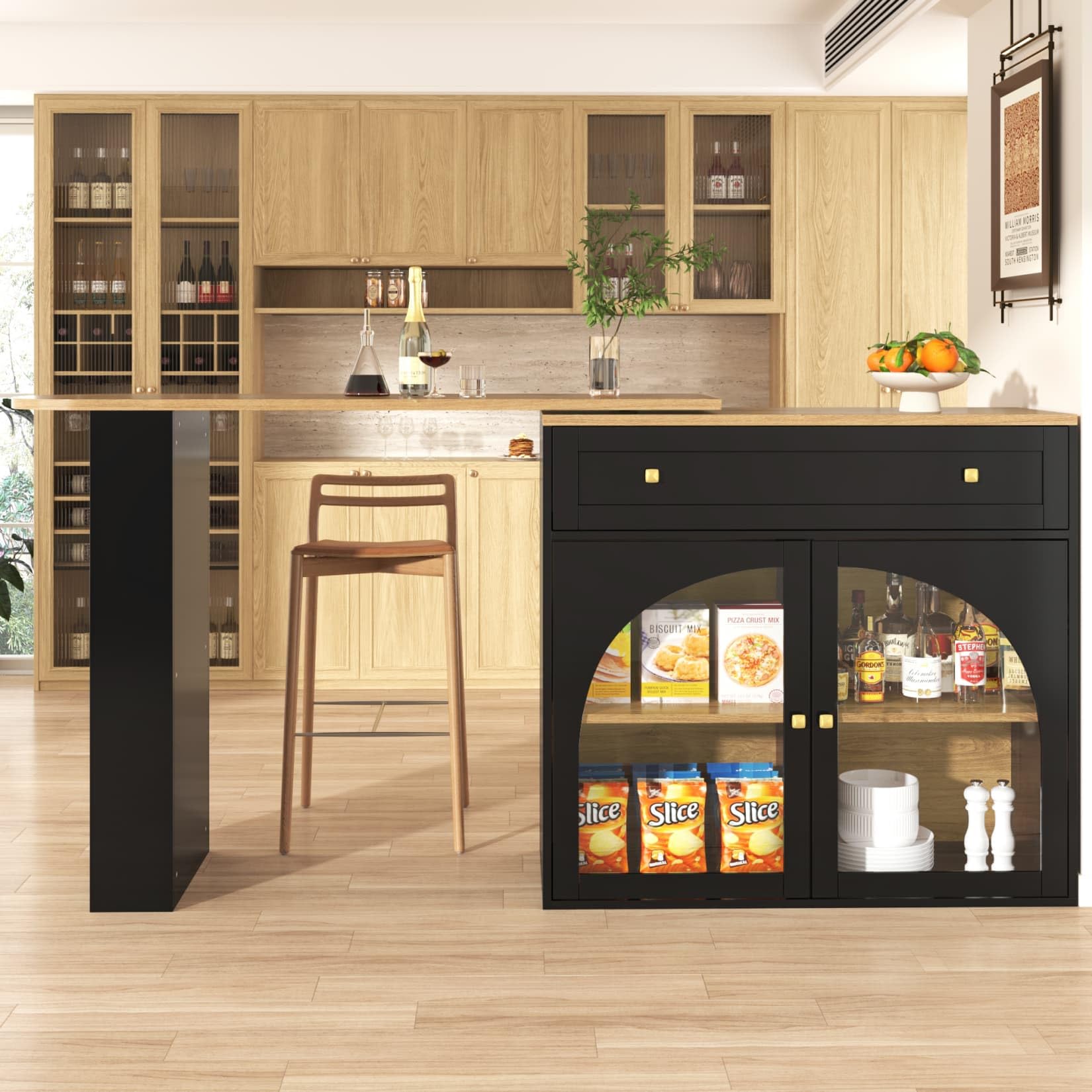 PUGSDRLY Table de Bar Extensible avec Espace de Rangement,Table Bar Cuisine Pivotant à 360°,2 Porte en Verre et 1 Tiroir,Compartiment Ouvert,Comptoir de Cuisine (D, Noir)