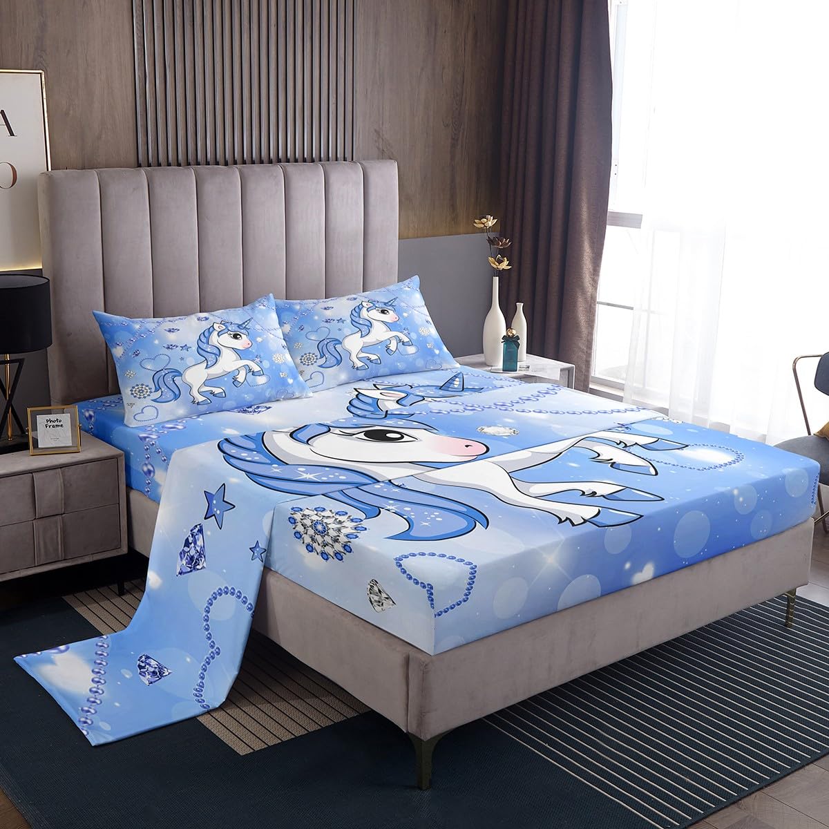 Juego de sábanas de unicornio tamaño King con 2 fundas de almohada con patrón de perlas, juego de sábanas de unicornio para niñas, juego de ropa de cama azul oscuro para niños, niñas y adultos