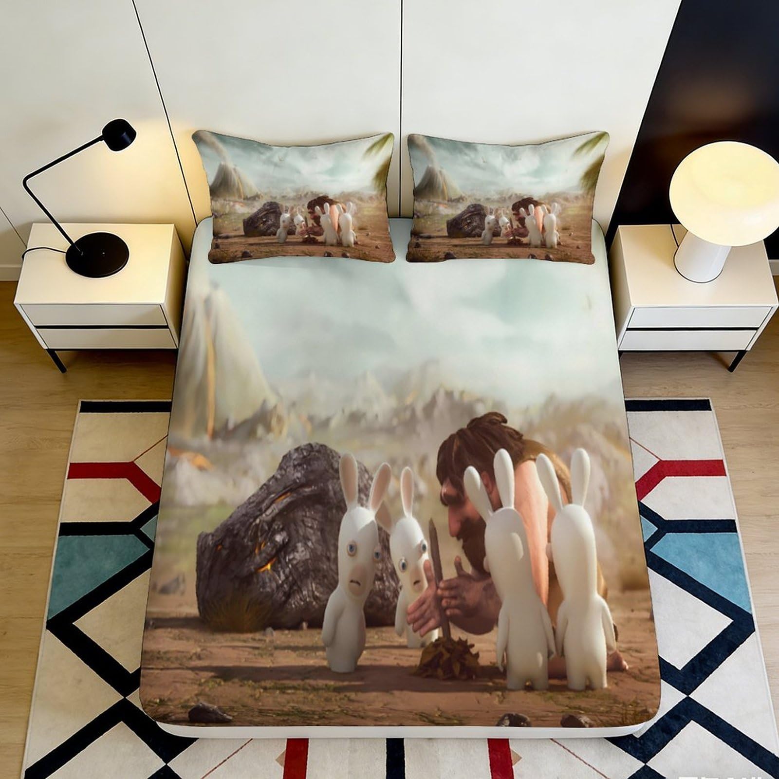 3D Printed Caveman Rabbits Fitted Sheet Microfiber Bed Cover with 3D Cartoon Scene Mattress Cover for Bedroom Dormitory Guest Room Protection 120x200x25cm
