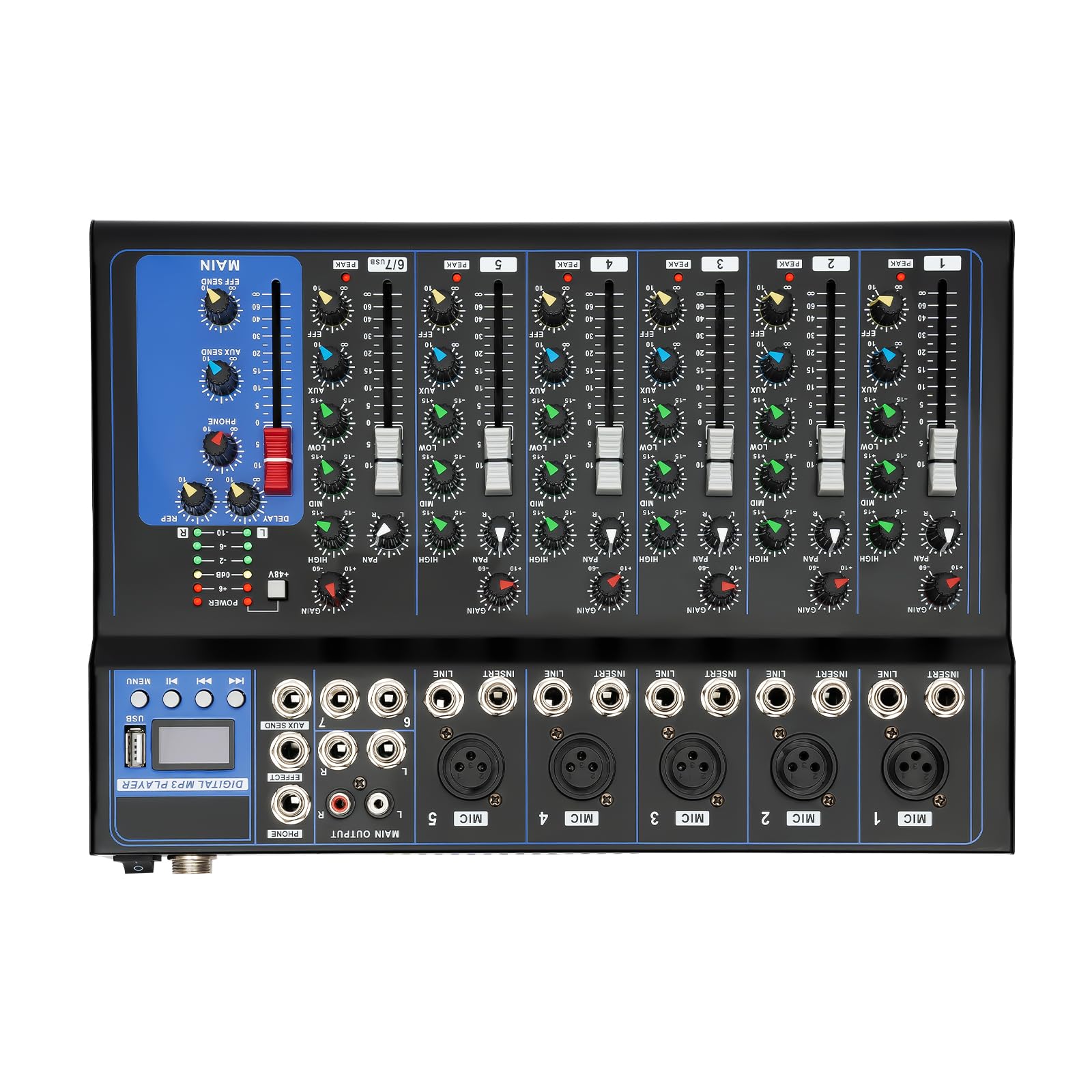 Mixer DJ a 7 canali a 2 bus con USB & FX Reverb effetto ritardante, alimentazione phantom 48 V, mixer audio per computer, microfono, lettore, scena Live Studio