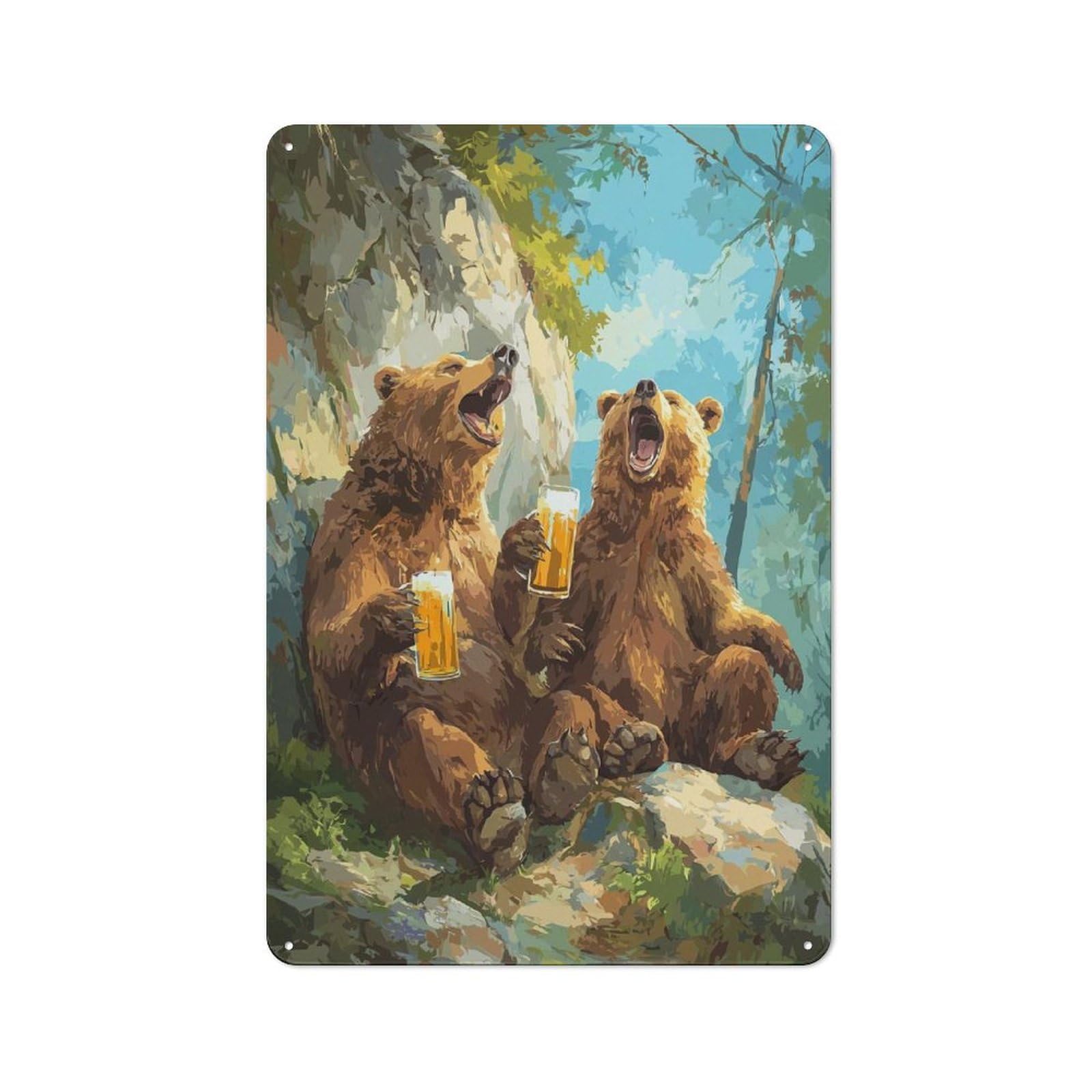 Junmoney Style-4 Two Bears Drinking Beer Everyday Metal Wall Decor 30X20cm, Decorative Tin Plaque For Flat, Dorm Room, Lounge Or Cafe