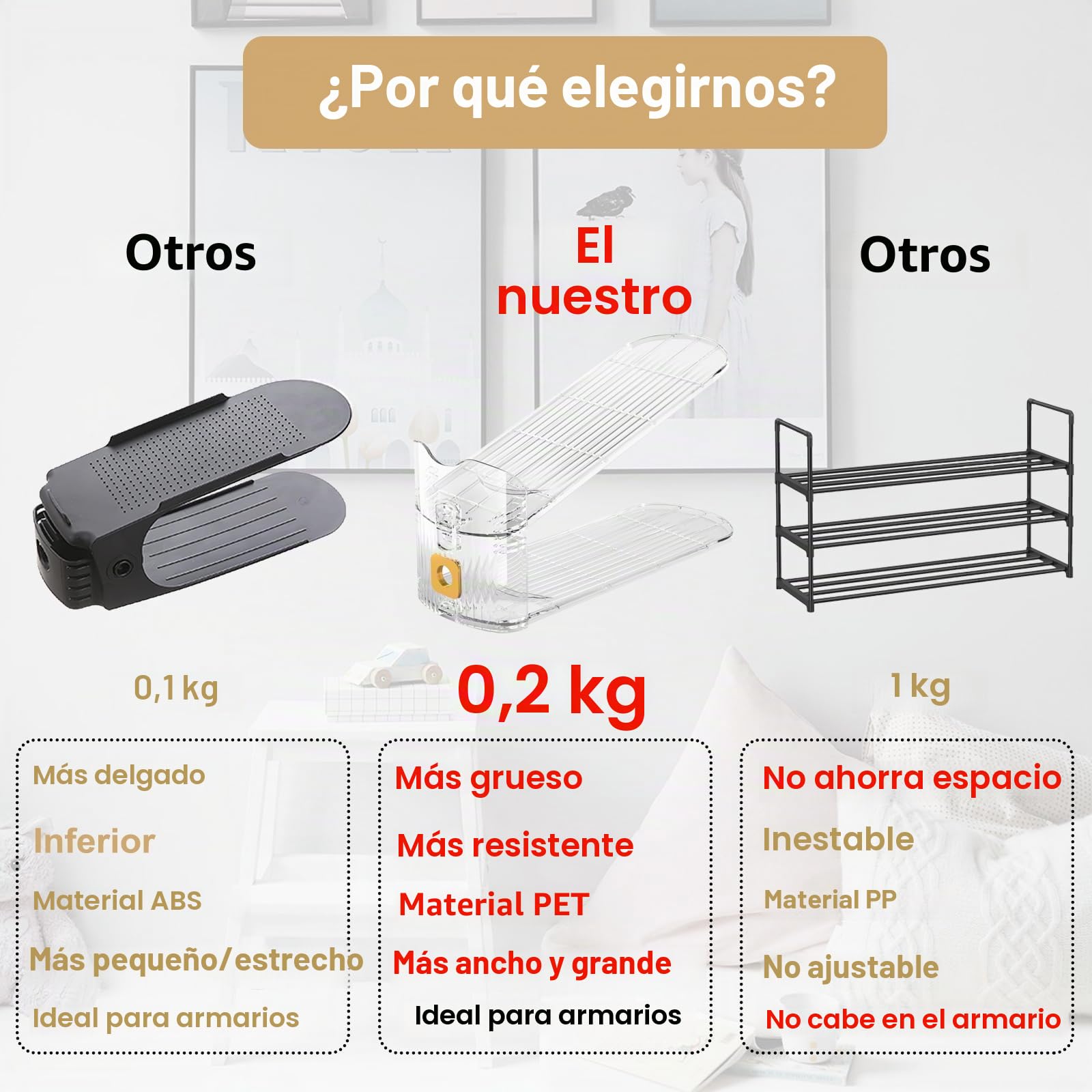 Apilador de zapatos para ahorrar espacio, 10 unidades, organizador de zapatos ajustable, soporte para zapatos para armario (transparente, 10)