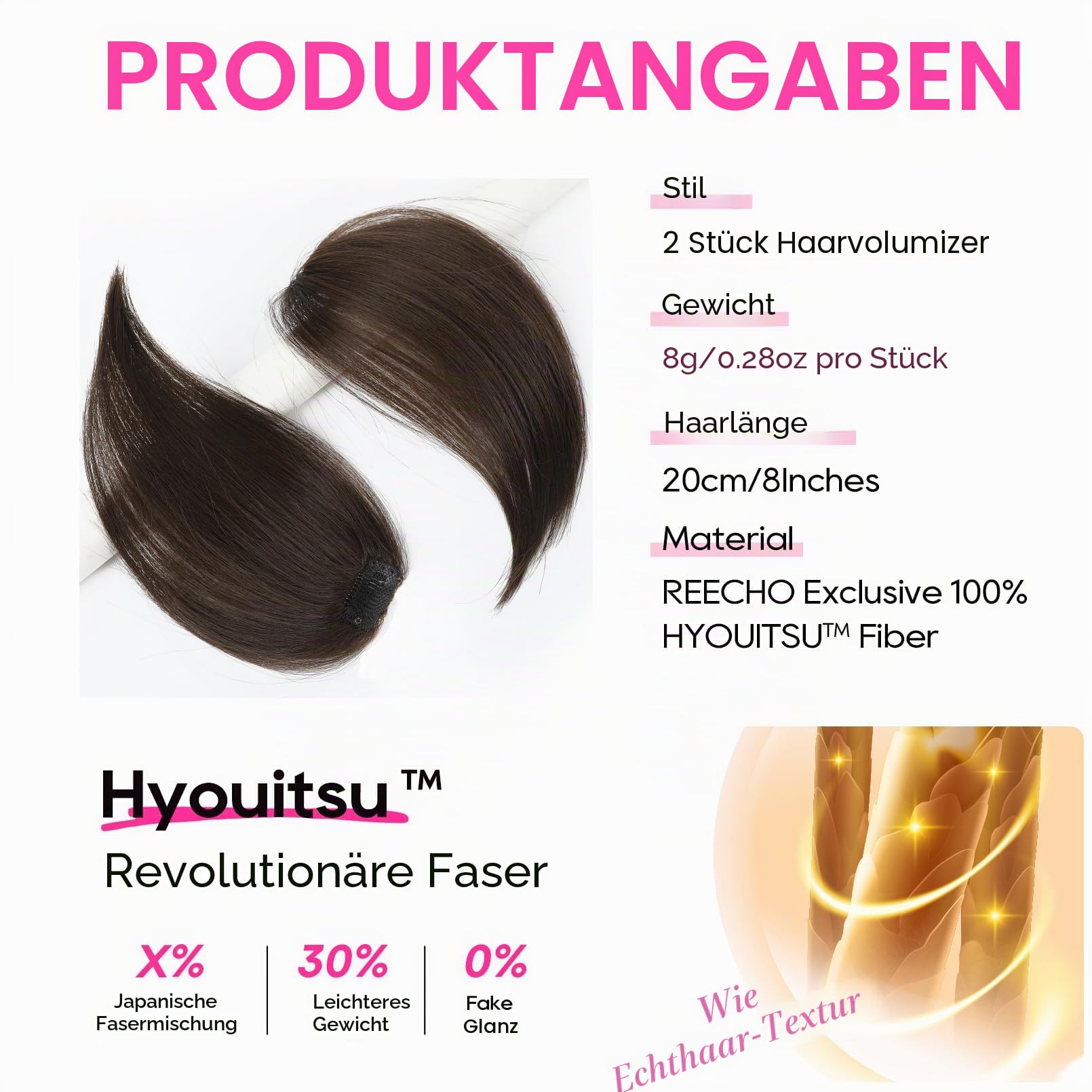 REECHO Clip in Haarteil für Volumen, 2tlg. 20cm Dicke Haarverlängerung für Frauen, Unsichtbare Clip-in Extensions für dünnes Haar & Oberkopf-Volumen, Hitzebeständige Kunstfaser (Vegan)
